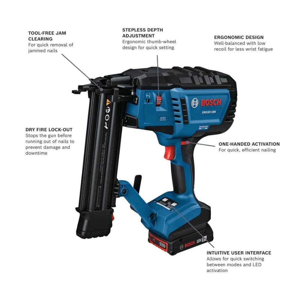 - TOOL-FREE JAM CLEARING: For quick removal of jammed nails
- STEPLESS DEPTH ADJUSTMENT: Ergonomic thumb-wheel design for quick setting
- ERGONOMIC DESIGN: Well-balanced with low recoil for less wrist fatigue
- DRY FIRE LOCK-OUT: Stops the gun before running out of nails to prevent damage and downtime
- ONE-HANDED ACTIVATION: For quick, efficient nailing
- INTUITIVE USER INTERFACE: Allows for quick switching between modes and LED activation