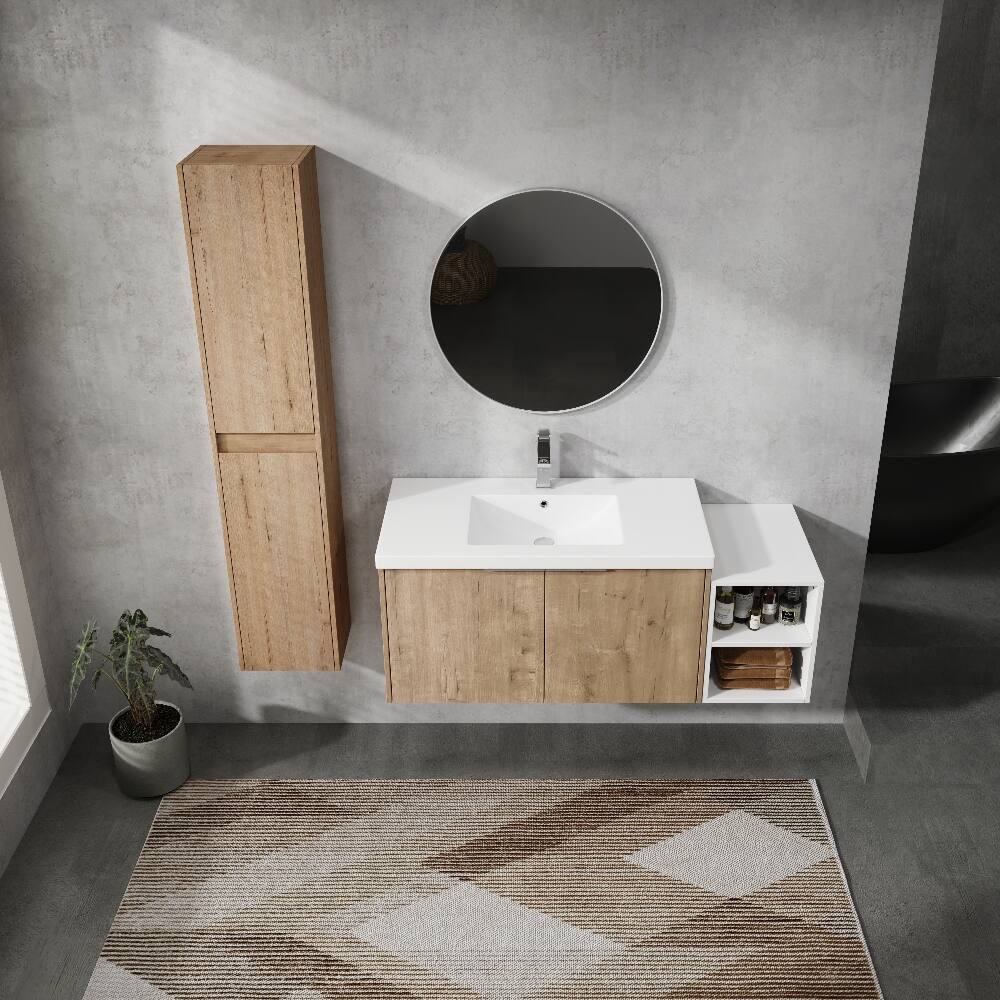 Left. Loheer - Loheer 48 inch wall mounted bathroom vanity with side cabinet, imitative oak - Imitative Oak.