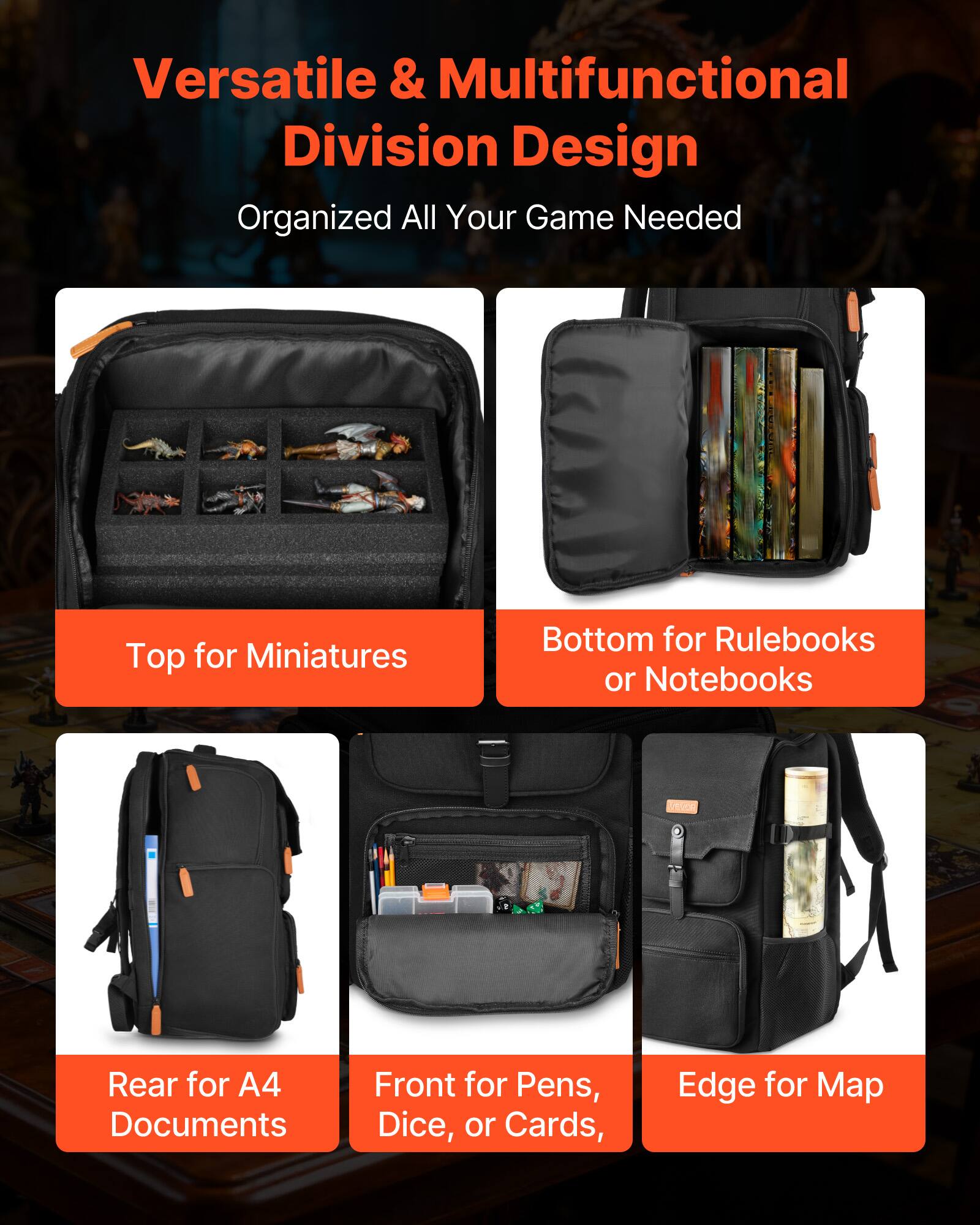 Versatile & Multifunctional Division Design  
Organized All Your Game Needed  

Top for Miniatures  
Bottom for Rulebooks or Notebooks  
Rear for A4 Documents  
Front for Pens, Dice, or Cards  
Edge for Map
