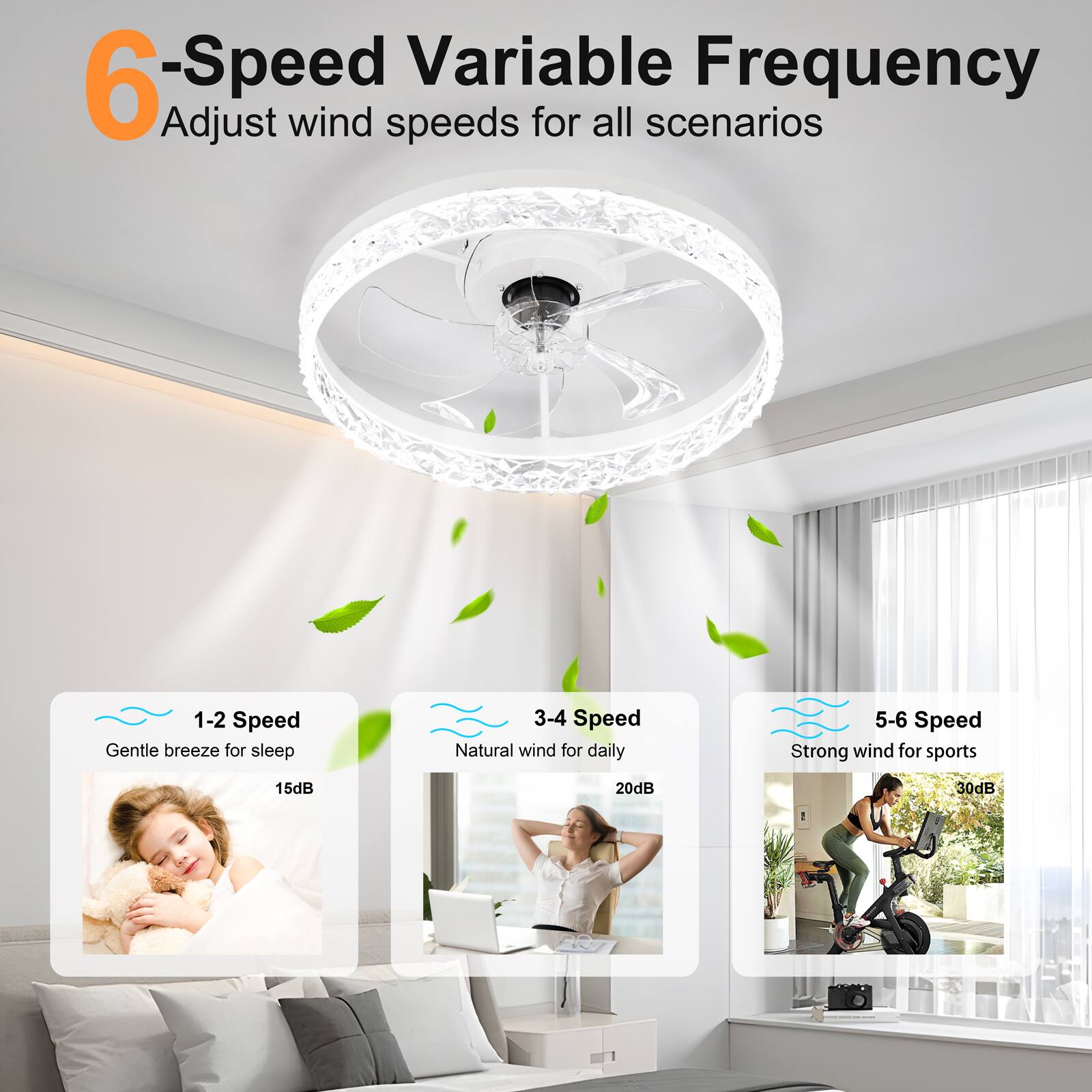 6-Speed Variable Frequency  
Adjust wind speeds for all scenarios  

1-2 Speed  
Gentle breeze for sleep  
15dB  

3-4 Speed  
Natural wind for daily  
20dB  

5-6 Speed  
Strong wind for sports  
30dB