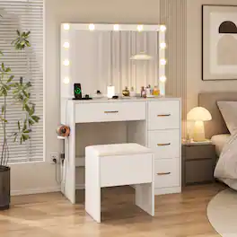 WELLFOR - Makeup Vanity Desk with Hollywood 3‑Color Lighted Mirror,Charging Station and Hidden‑Storage Padded Stool for Bedroom - White