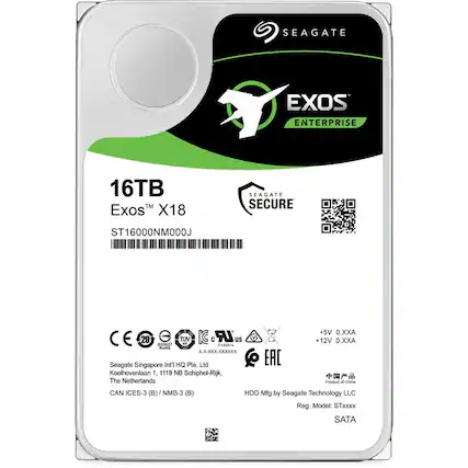 SEAGATE EXOS ENTERPRISE
16TB
Exos™ X18
ST16000NM000J
SEAGATE SECURE
+5V 0.XXA
+12V 0.XXA
CE 20
TUV
EAC
US
EAC
Seagate Singapore Intl HQ Pte. Ltd
Koolhovenlaan 1, 1119 NB Schiphol-Rijk, The Netherlands
CAN ICES-3 (B)
NMB-3 (B)
HDD Mfg by Seagate Technology LLC
Reg. Model: STxxxx
SATA
Product of China
中国产品