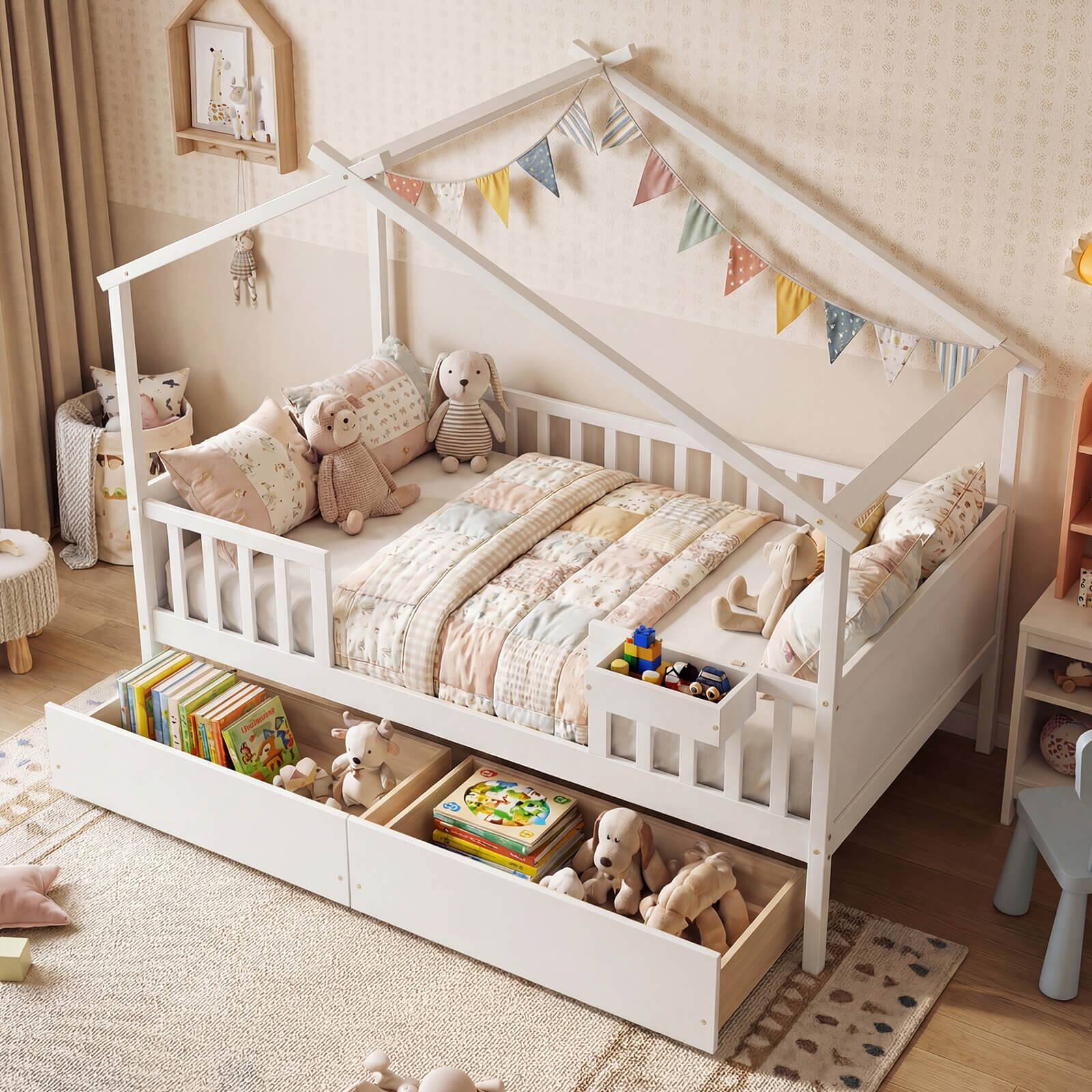 Alt View 4. Costway - Costway Full Size Bed with 2 Storage Drawers, House-shaped Bed Frame - White.