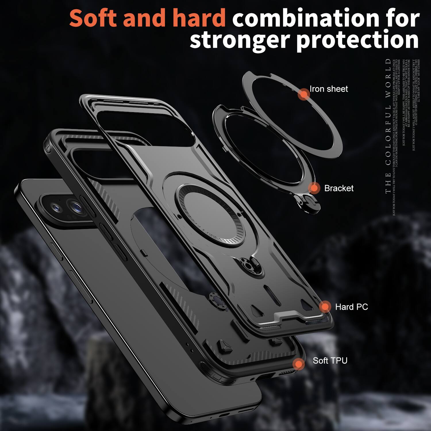 Soft and hard combination for stronger protection

Iron sheet

Bracket

Hard PC

Soft TPU