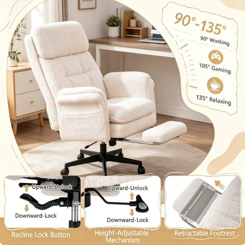 90°-135°  
90° Working  
105° Gaming  
135° Relaxing  

Upward-Unlock  
Upward-Lock  
Downward-Lock  
Downward-Lock  

Recline Lock Button  
Height-Adjustable Retractable Footrest Mechanism