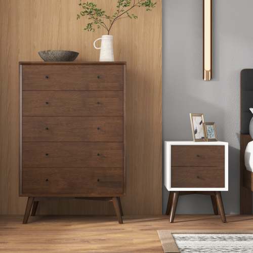 Left. LUCKY ONE - 23.6" Assembled Mid Century Nightstand 2-Drawer Solid Wood Bedside Table - Dark Brown,White.