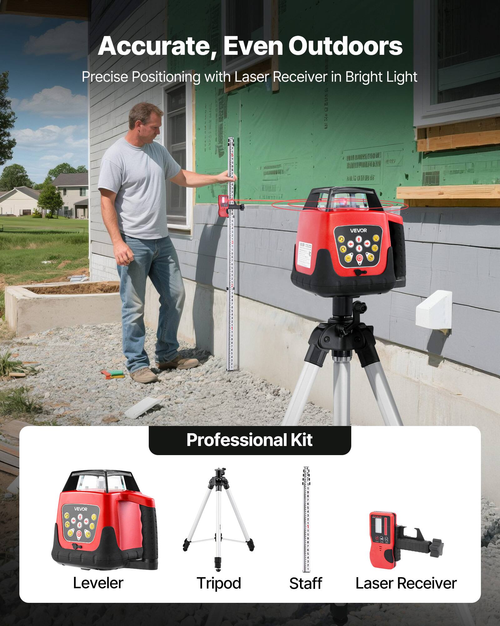 Accurate, Even Outdoors  
Precise Positioning with Laser Receiver in Bright Light  

Professional Kit  
Leveler  
Tripod  
Staff  
Laser Receiver