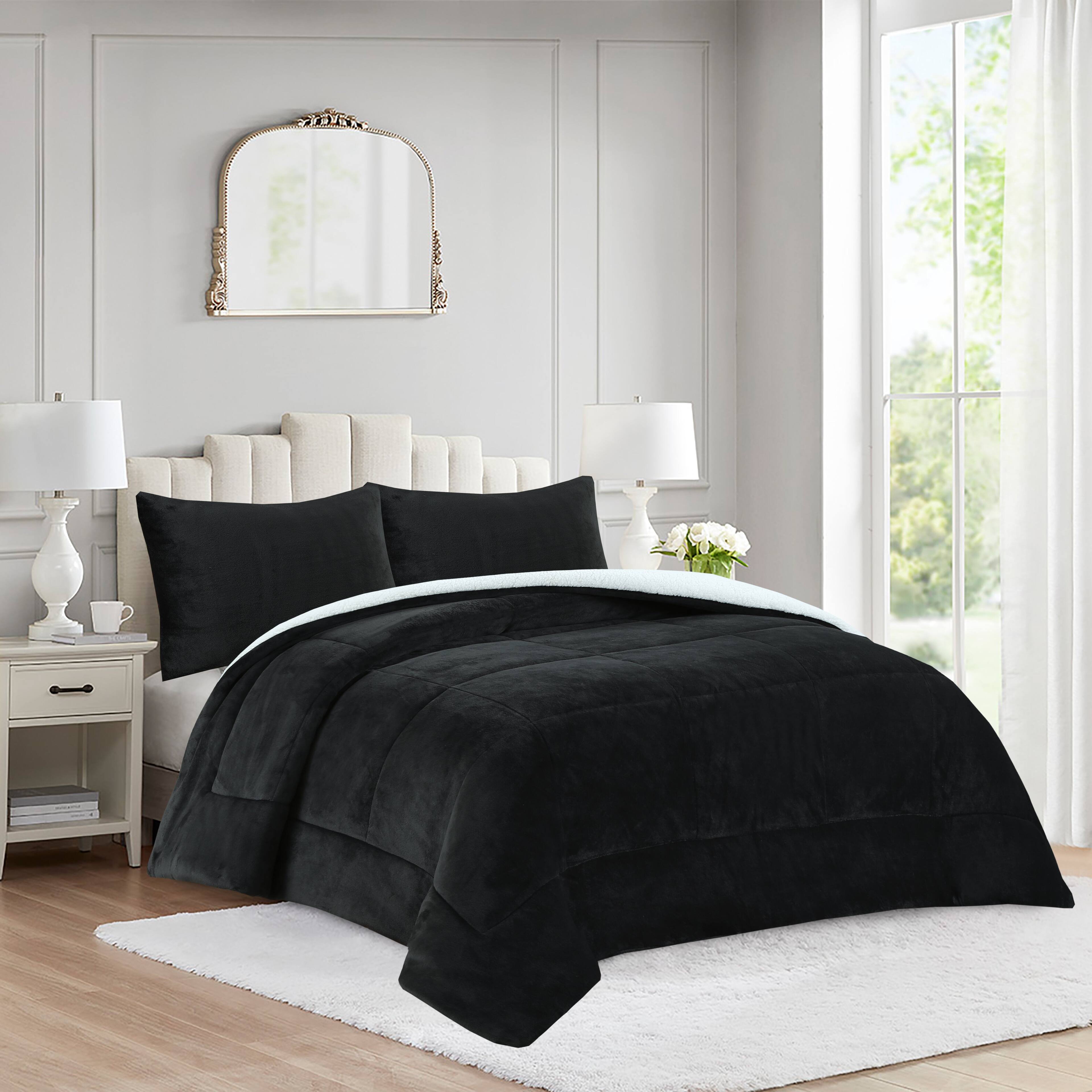 Angle. MarCielo - MarCielo 3 Piece Soft Micromink Fluffy Ultra Cozy Sherpa Comforter Set - Black.