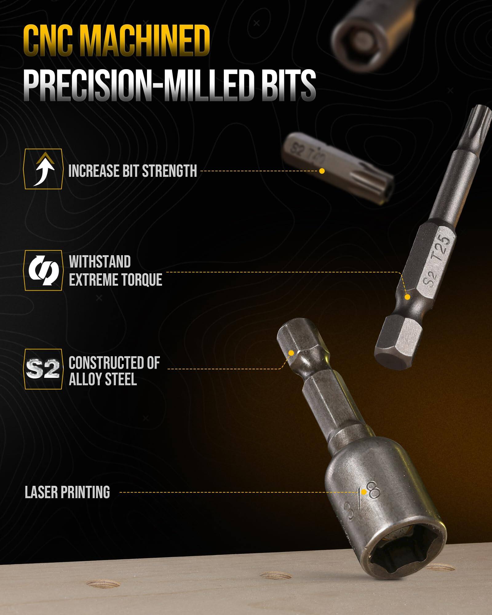 CNC MACHINED PRECISION-MILLED BITS

- INCREASE BIT STRENGTH
- WITHSTAND EXTREME TORQUE
- CONSTRUCTED OF S2 ALLOY STEEL
- LASER PRINTING
