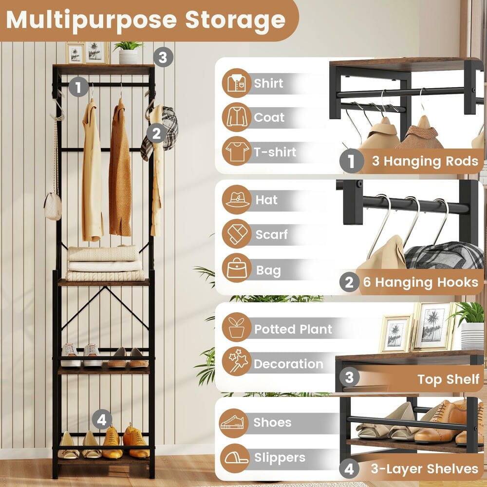 Multipurpose Storage

1. 3 Hanging Rods
2. 6 Hanging Hooks
3. Top Shelf
4. 3-Layer Shelves

- Shirt
- Coat
- T-shirt
- Hat
- Scarf
- Bag
- Potted Plant
- Decoration
- Shoes
- Slippers