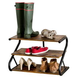 Hivvago - Modern Industrial Metal Wood 3-Tier Shoe Rack - Holds up to 9 Pair of Shoes - Rustic Brown, Black
