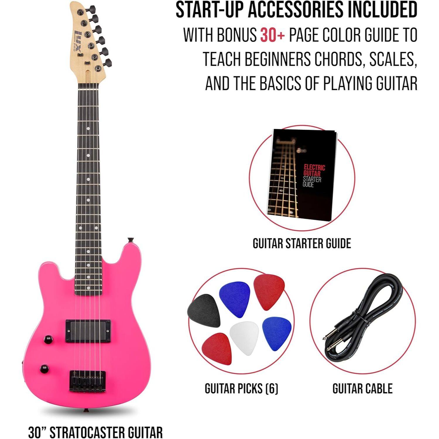 START-UP ACCESSORIES INCLUDED WITH BONUS 30+ PAGE COLOR GUIDE TO TEACH BEGINNERS CHORDS, SCALES, AND THE BASICS OF PLAYING GUITAR. ELECTRIC GUITAR STARTER GUIDE GUITAR STARTER GUIDE GUITAR PICKS (6) GUITAR CABLE 30" STRATOCASTER GUITAR