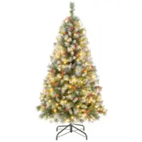 Costway - 5 FT Artificial Christmas Tree Hinged w/ 200 Warm LED Lights & 126 Red Berries - Green/White - Front_Zoom