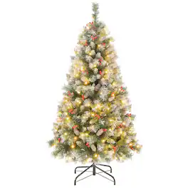 Costway - 5 FT Artificial Christmas Tree Hinged w/ 200 Warm LED Lights & 126 Red Berries - Green/White
