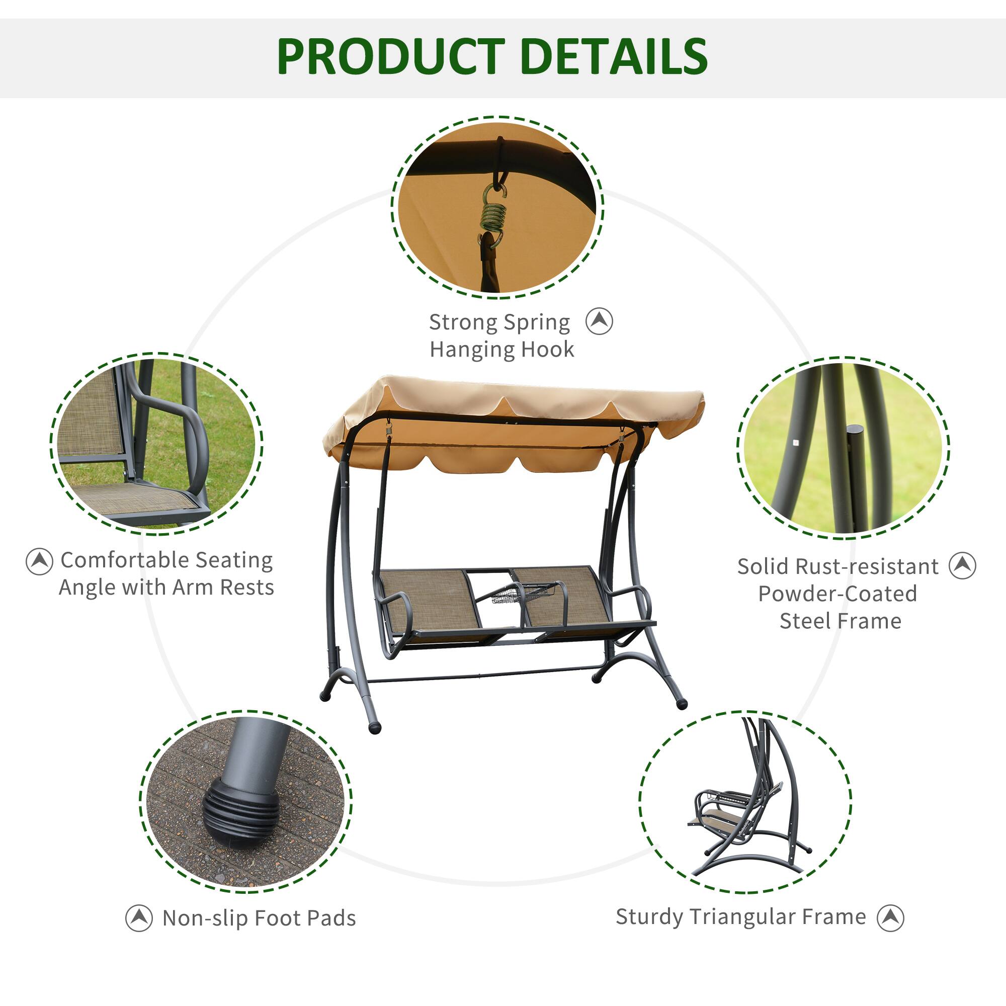 PRODUCT DETAILS

- Strong Spring Hanging Hook
- Comfortable Seating Angle with Arm Rests
- Solid Rust-resistant Powder-Coated Steel Frame
- Non-slip Foot Pads
- Sturdy Triangular Frame