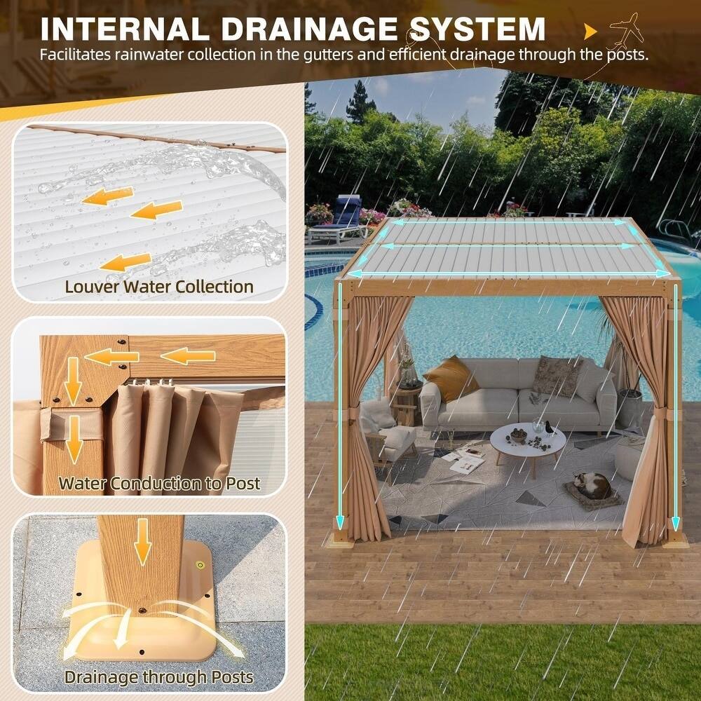 Alt View 4. U-HOMY - Wood Grain Aluminum Louvered Pergola Gazebo with Adjustable Rainproof Roof, Curtains & Netting - 10'x10'.