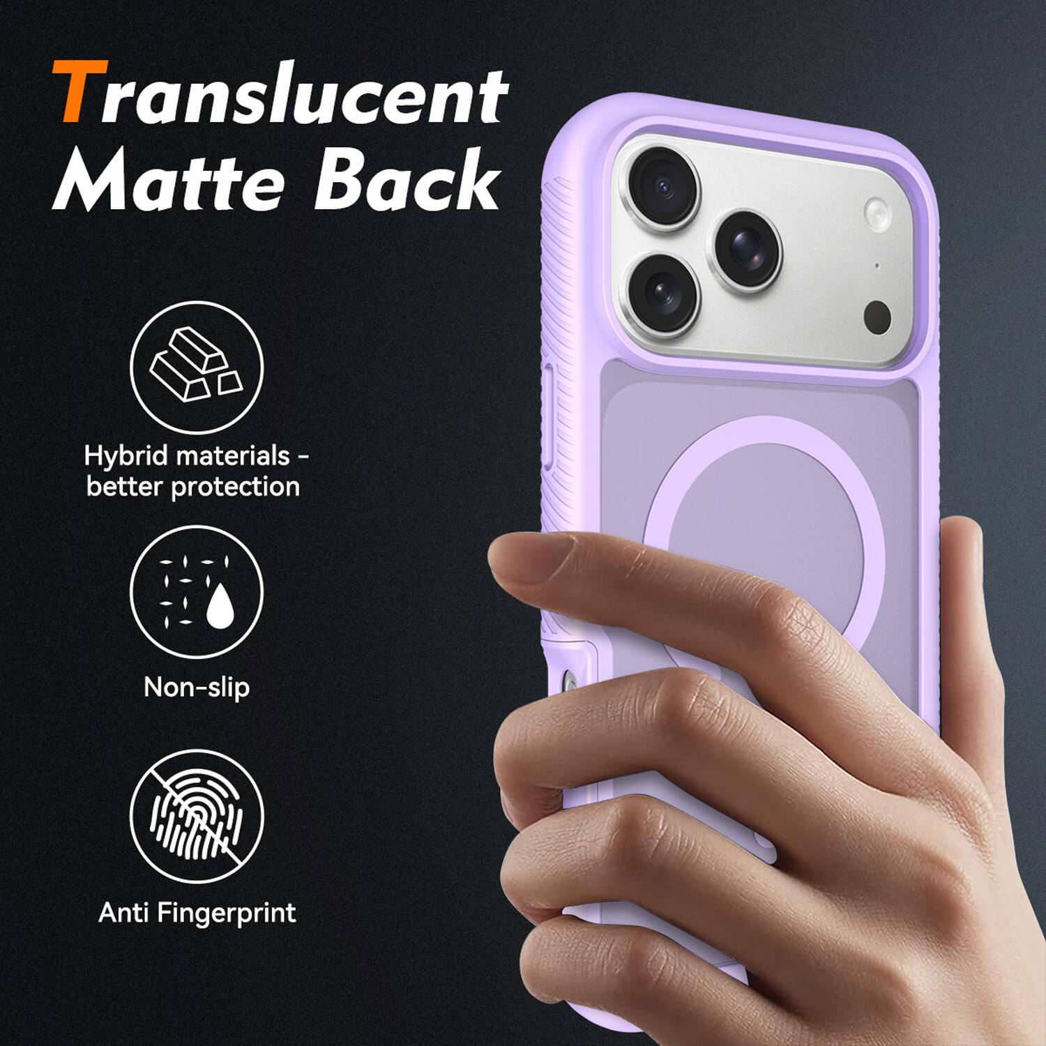 Translucent Matte Back  
Hybrid materials - better protection  
Non-slip  
Anti Fingerprint