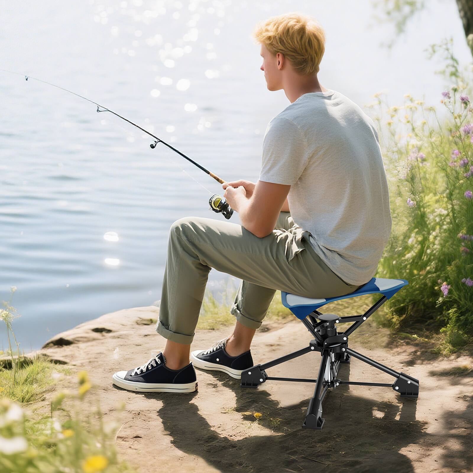 Alt View 1. Gymax - Gymax 360 degree Swivel Camping Stool Foldable Outdoor Chair w/Oxford Seat & Metal Frame Blue & Black - Blue.