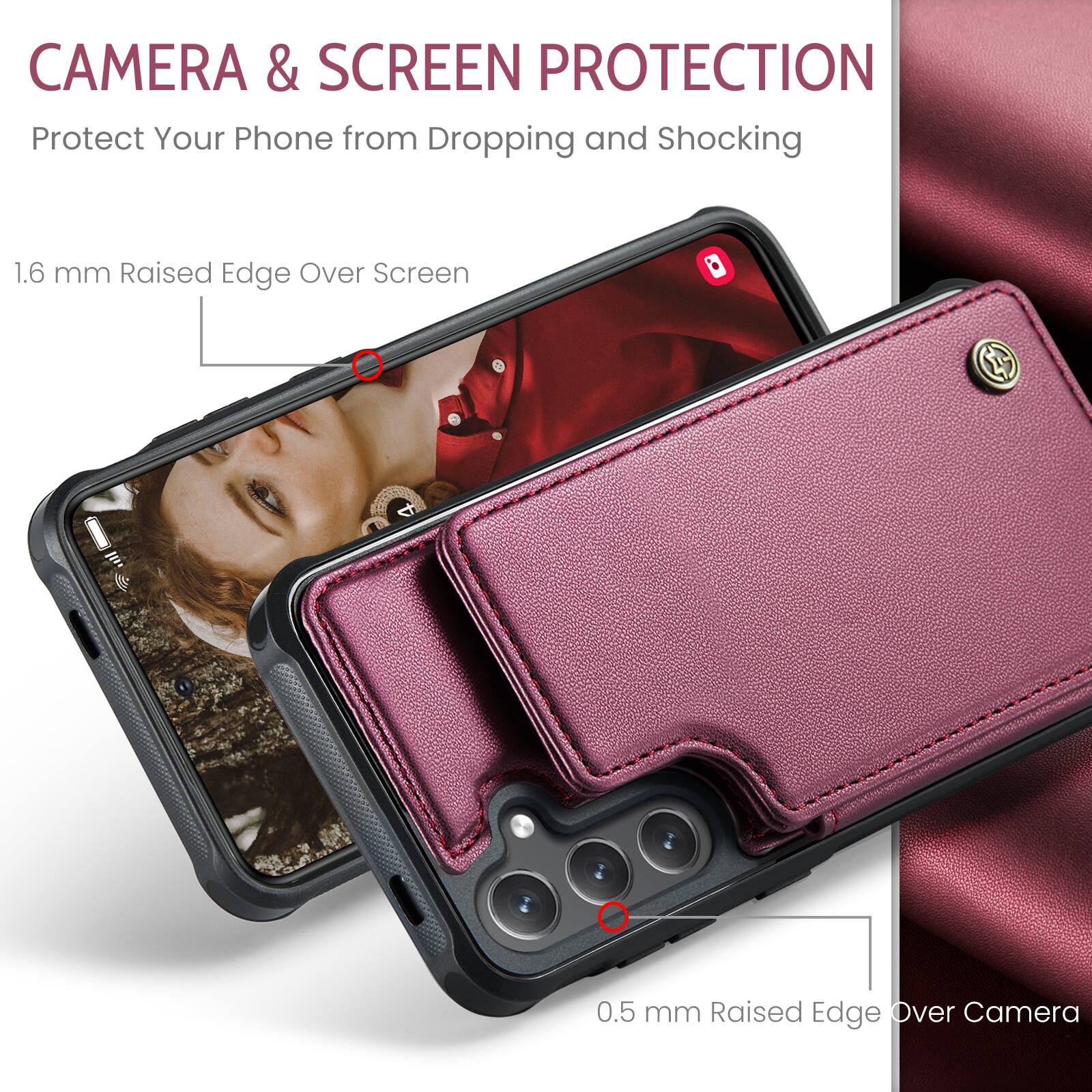 CAMERA & SCREEN PROTECTION  
Protect Your Phone from Dropping and Shocking  

1.6 mm Raised Edge Over Screen  

0.5 mm Raised Edge Over Camera