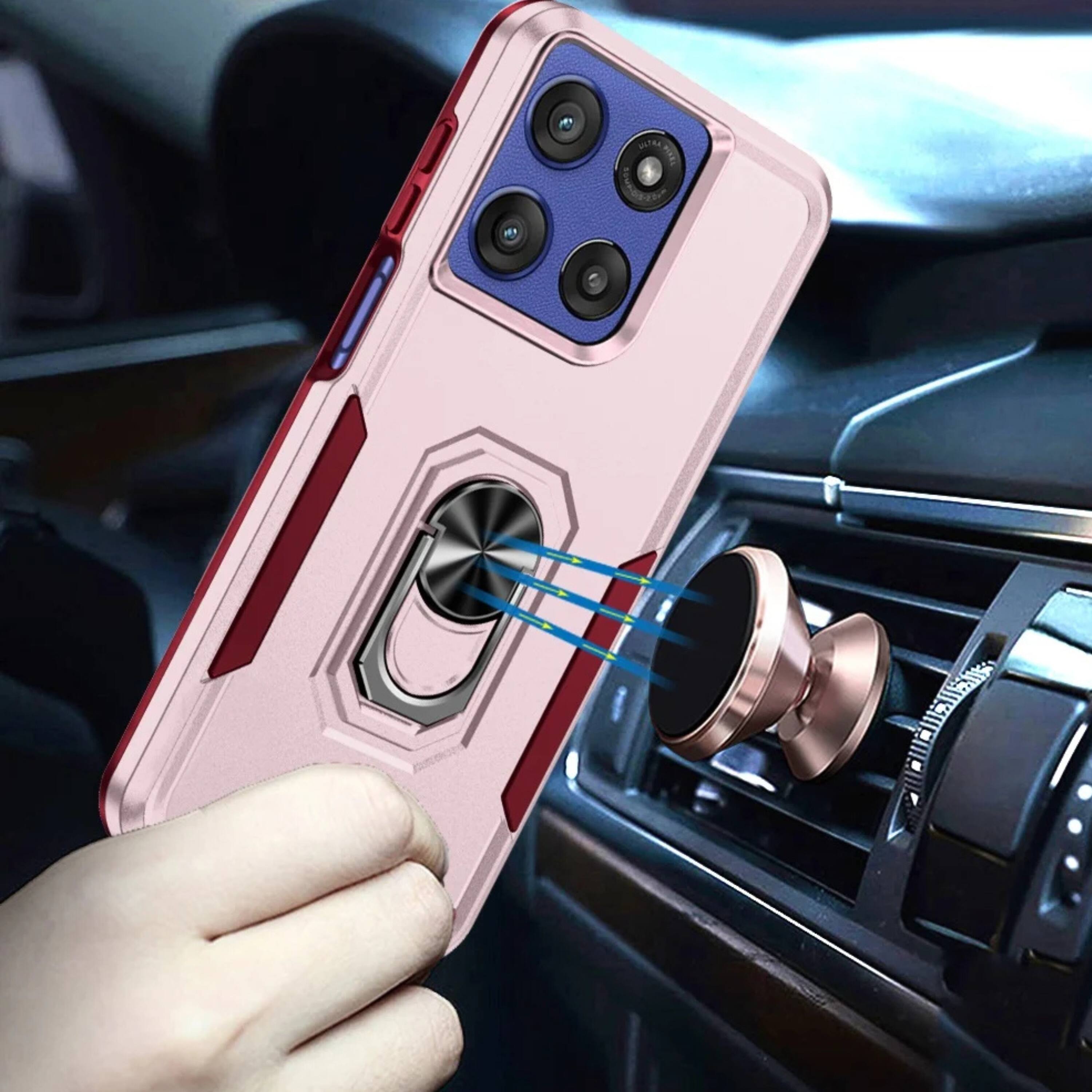 Angle. Kitcheniva - Hard Shell Soft Inner Rubber Cover Metal Ring Stand Phone Case With Tempered Glass For Moto G Stylus 2026/2025 Pink - Pink.