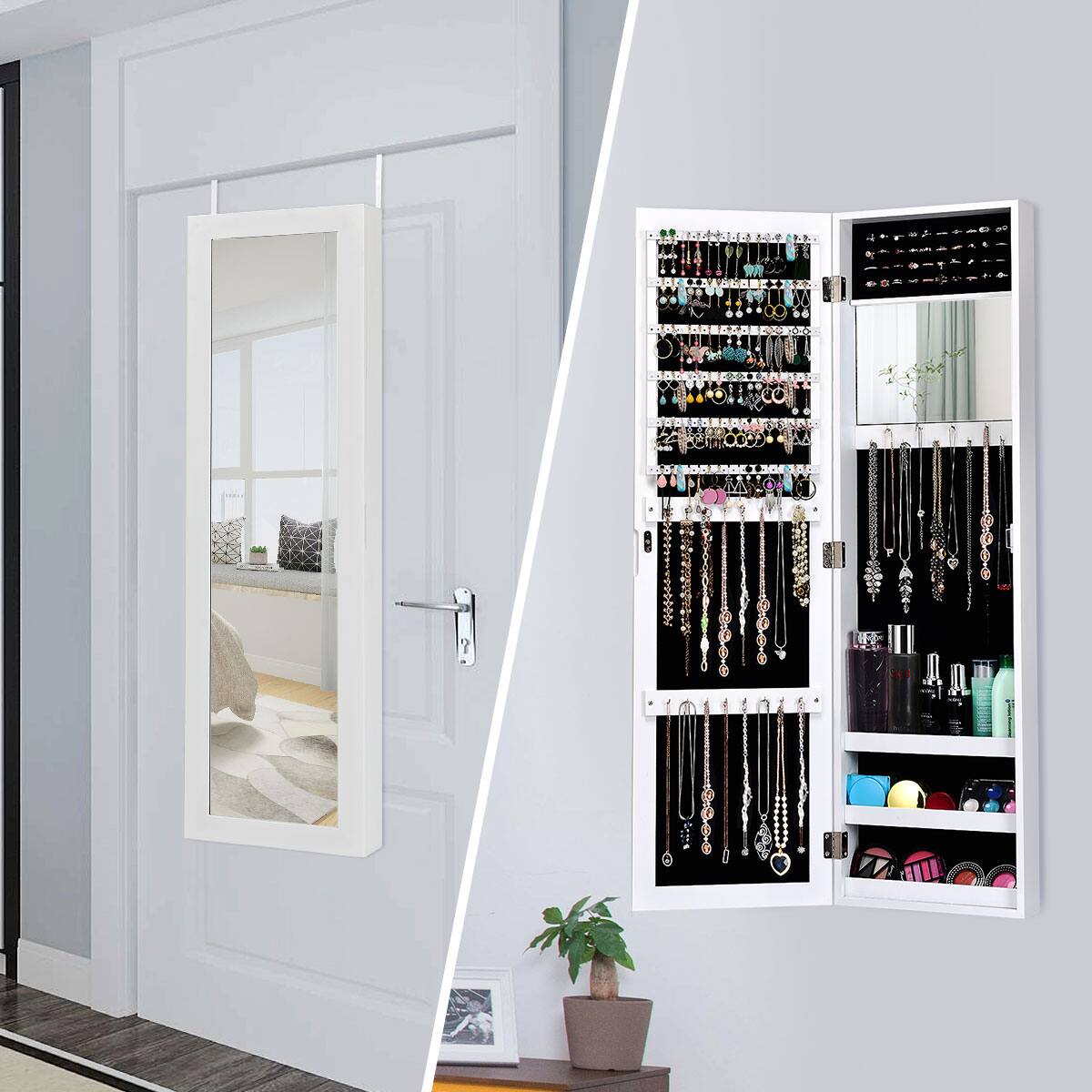 Alt View 12. Costway - Wall Door Mounted Mirrored Jewelry Cabinet Storage Organizer White - White.