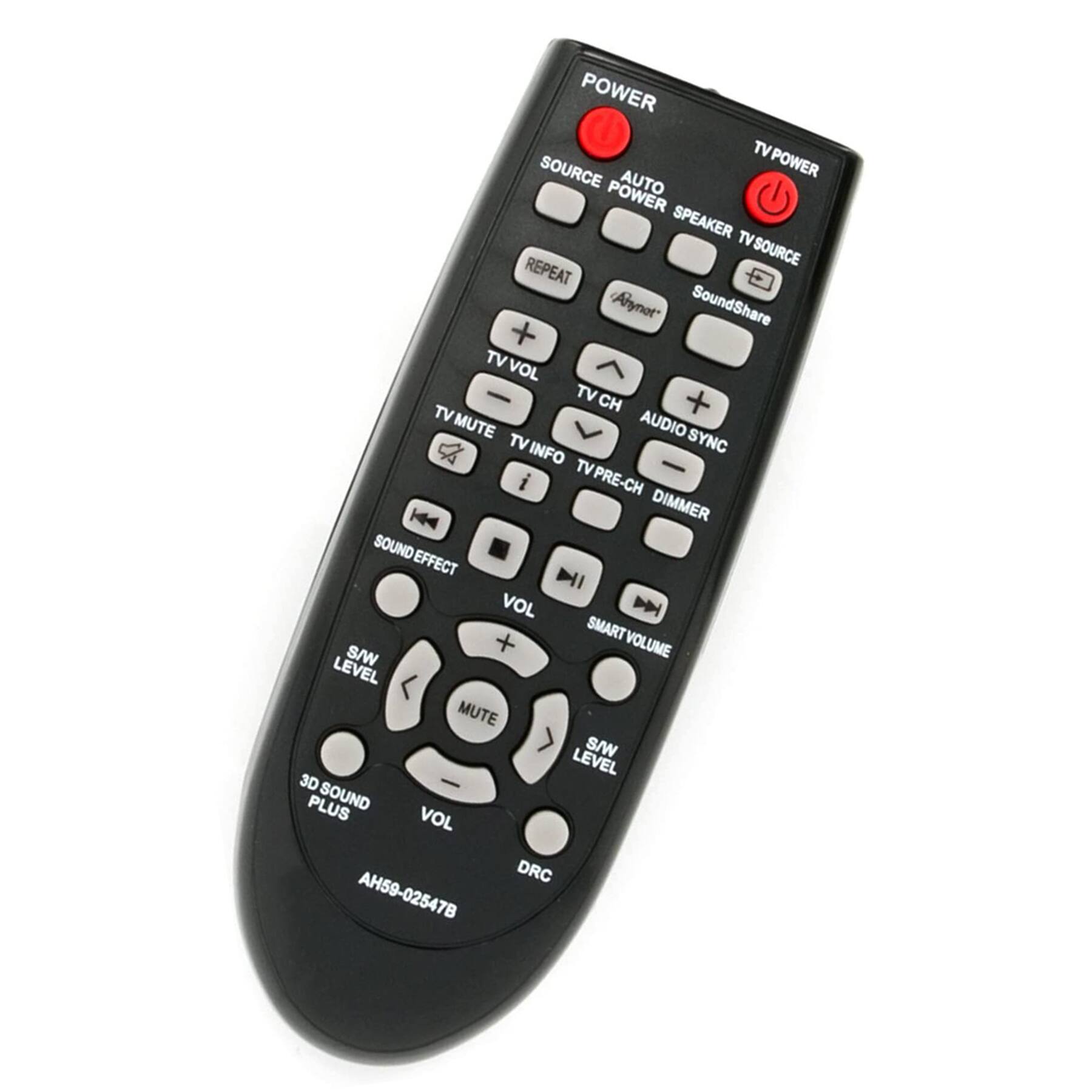POWER  
TV POWER  
SOURCE POWER  
AUTO  
SPEAKER TV SOURCE  
REPEAT  
Ahynot  
SoundShare  
TV VOL  
TV CH  
AUDIO SYNC  
TV PRE-CH  
DIMMER  
TV MUTE  
TV INFO  
SOUND EFFECT  
VOL  
SMART VOLUME  
SW LEVEL  
MUTE  
3D SOUND PLUS  
VOL  
DRC  
AH59-02547B