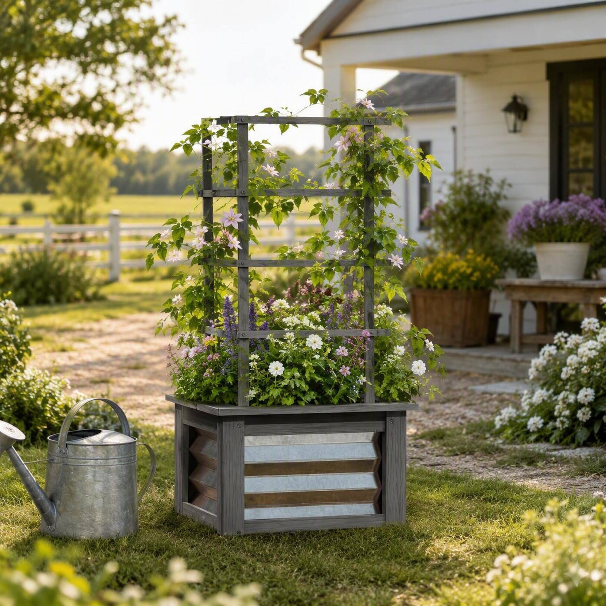 Angle. RYHNUYNE - Raised Garden Bed with Trellis, Galvanized Planter Box on Fir Wood Stand for Climbing Plants, Vegetables - Grey.