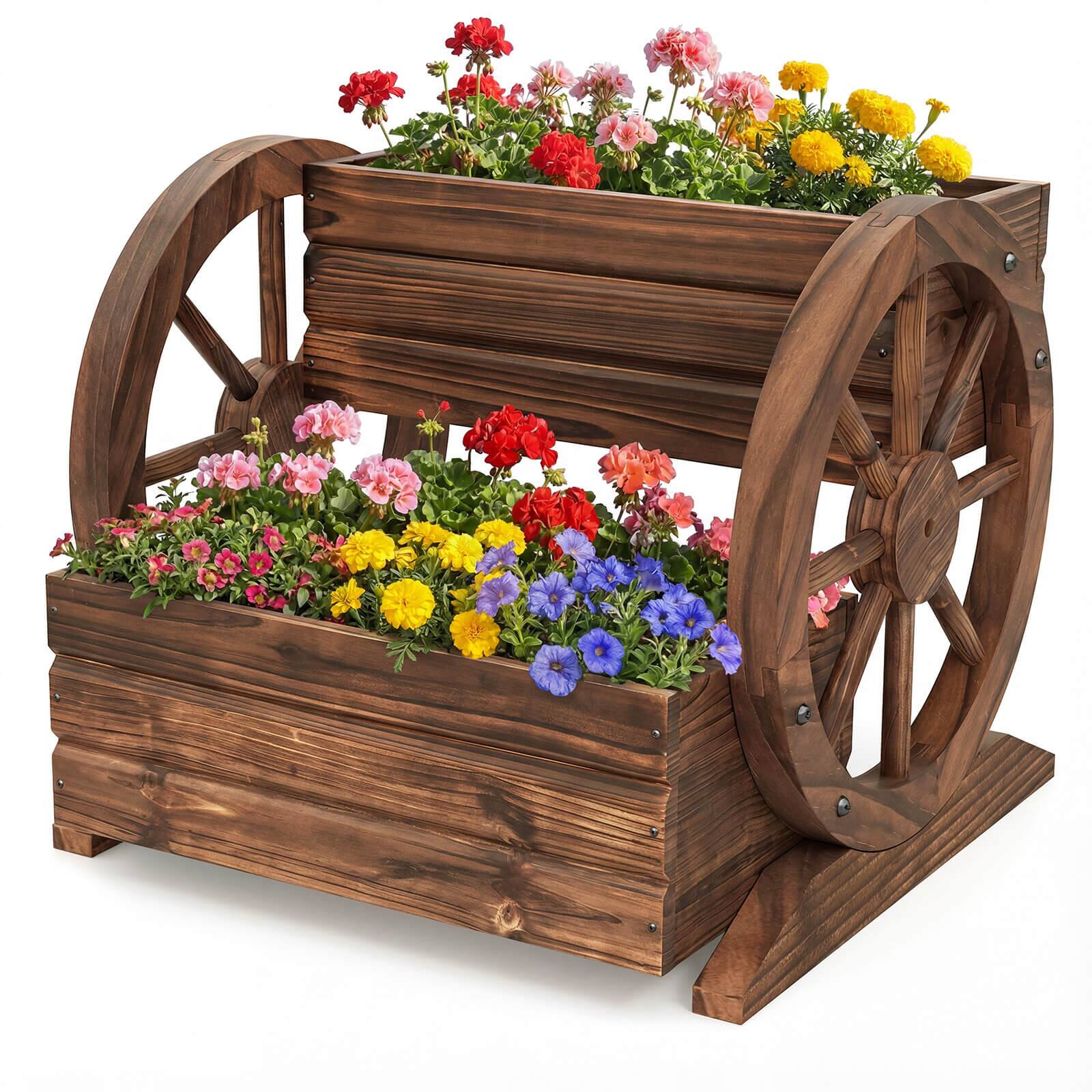 Front. Costway - Costway 1 PCS 2-Tier Rustic Wagon Planter Box with Drainage Holes&Wheels for Patio Balcony Garden - Coffee.