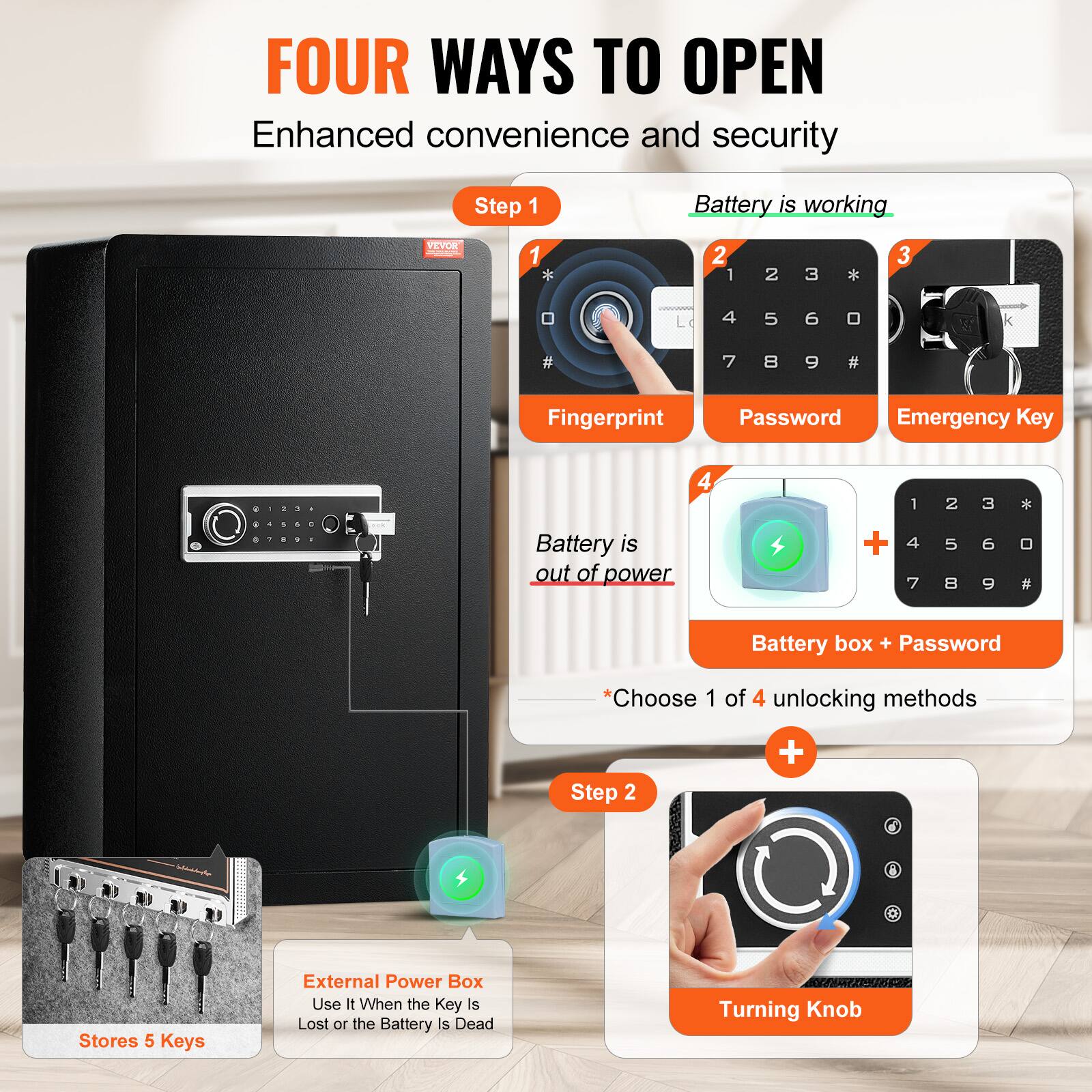 FOUR WAYS TO OPEN Enhanced convenience and security

Step 1
Battery is working
VEVOR
1 2 3
4 5 6
7 8 9 #
Fingerprint
Password
Emergency Key

4 1 2 3 *
Battery is out of power
+ 4 7 5 8 6 9 #
Battery box + Password
*Choose 1 of 4 unlocking methods

Step 2
+ e I
Stores 5 Keys
External Power Box
Use It When the Key is Lost or the Battery is Dead
Turning Knob