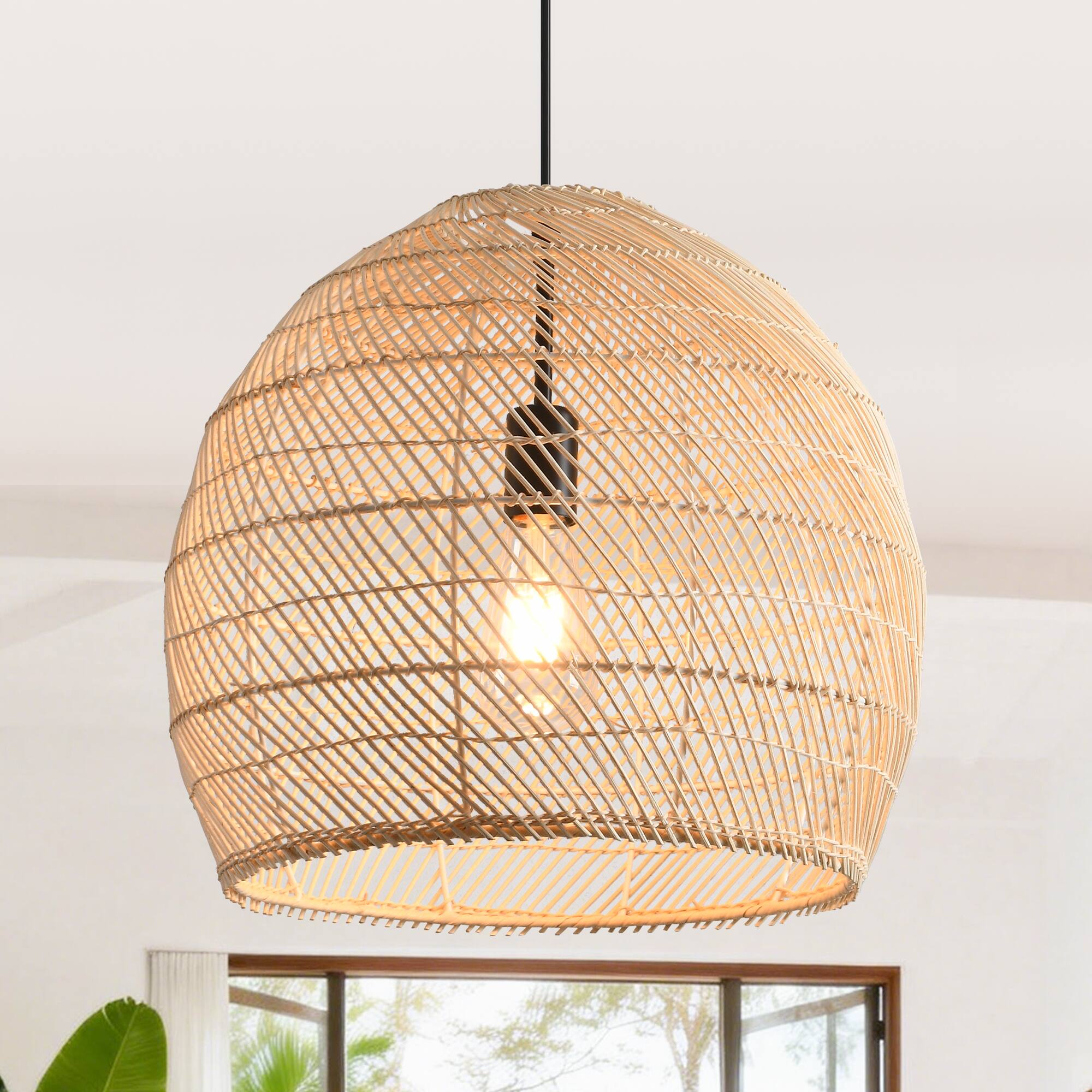Alt View 2. Parrot Uncle - 1-Light Coasta Style Brown Hand-Woven Rattan Cloche Hanging Pendant Light.