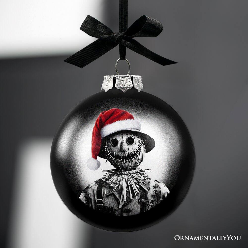 Back. OrnamentallyYou - Scarecrow Christmas Spooky Portrait Glass Ornament Black Horror Halloween Tree Decoration - Multi-colored.