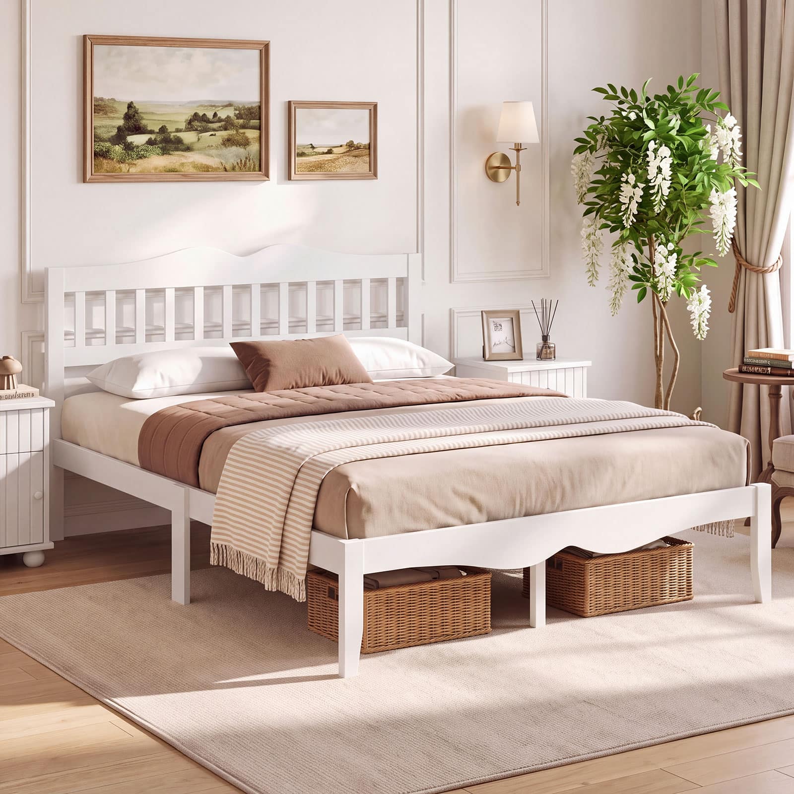 Costway - Full Size Platform Bed with Headboard, Solid Wood Frame, Sturdy Wood Slat Support - White