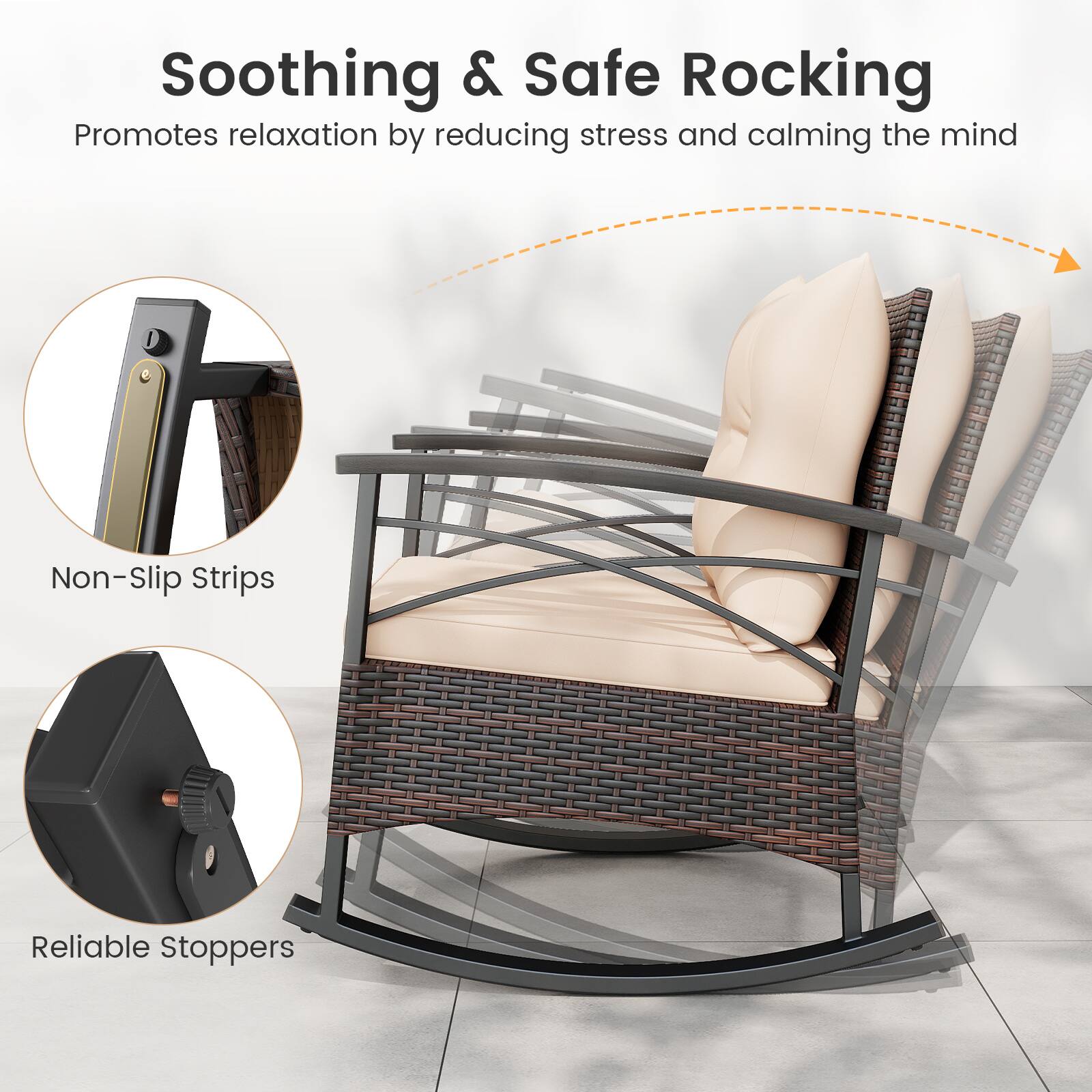 Soothing & Safe Rocking  
Promotes relaxation by reducing stress and calming the mind  

Non-Slip Strips  
Reliable Stoppers