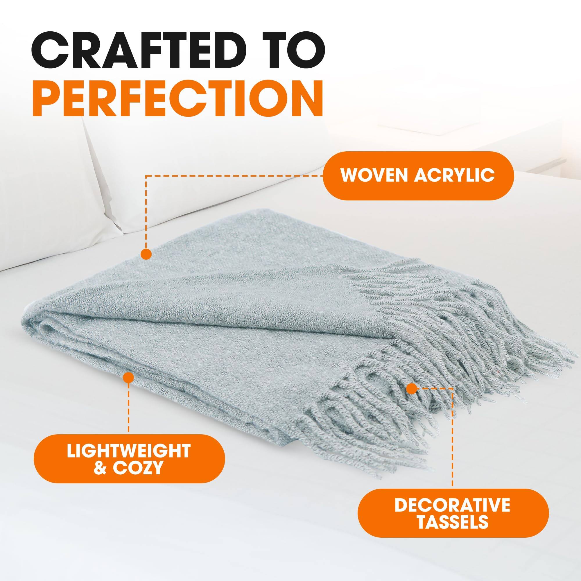 CRAFTED TO PERFECTION  
WOVEN ACRYLIC  
LIGHTWEIGHT & COZY  
DECORATIVE TASSELS