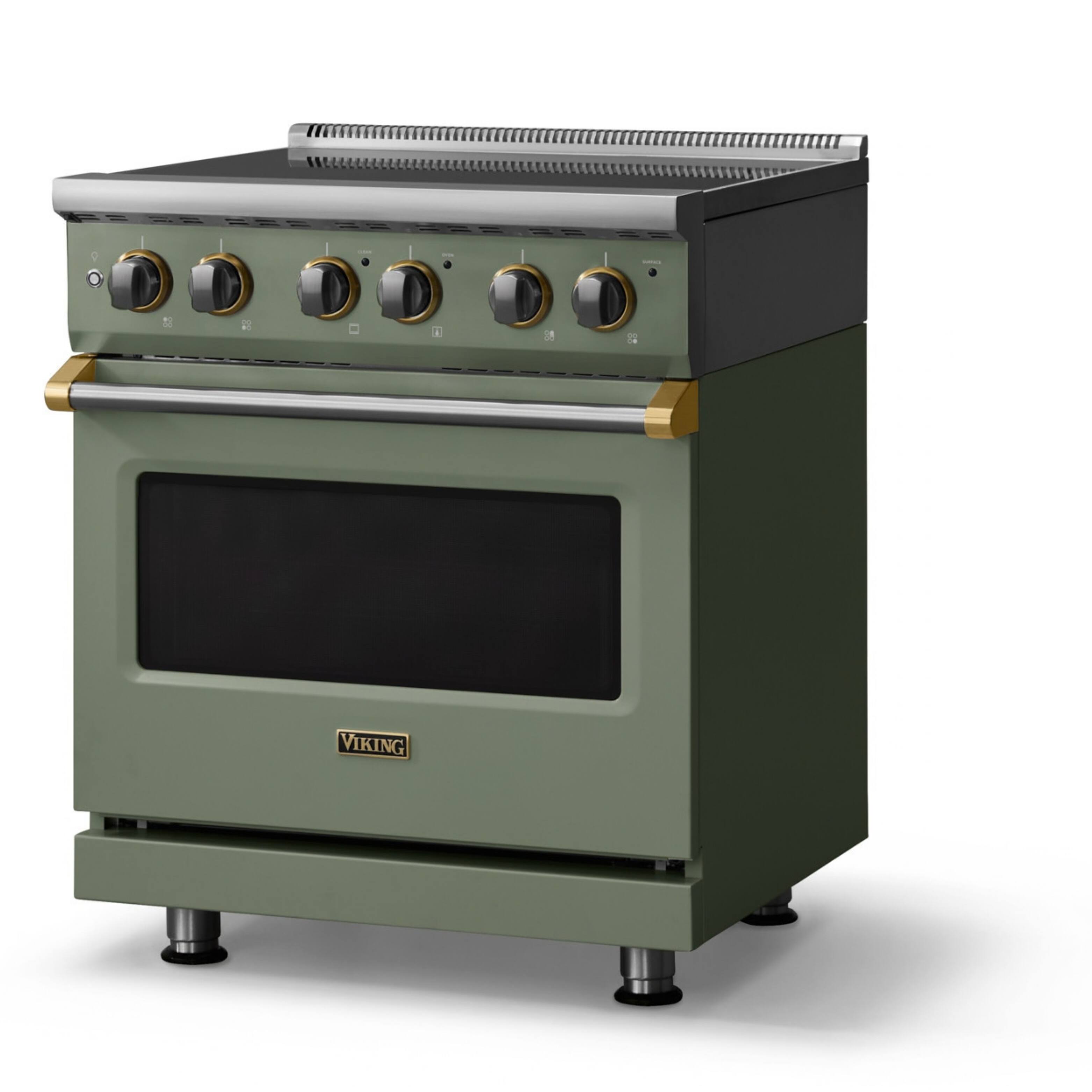 Angle. Viking - 30"W. Pro5S 4.7 Cu. Ft. Freestanding 4 Element  Electric Convection Range - Eucalyptus/Brushed Brass - Eucalyptus.