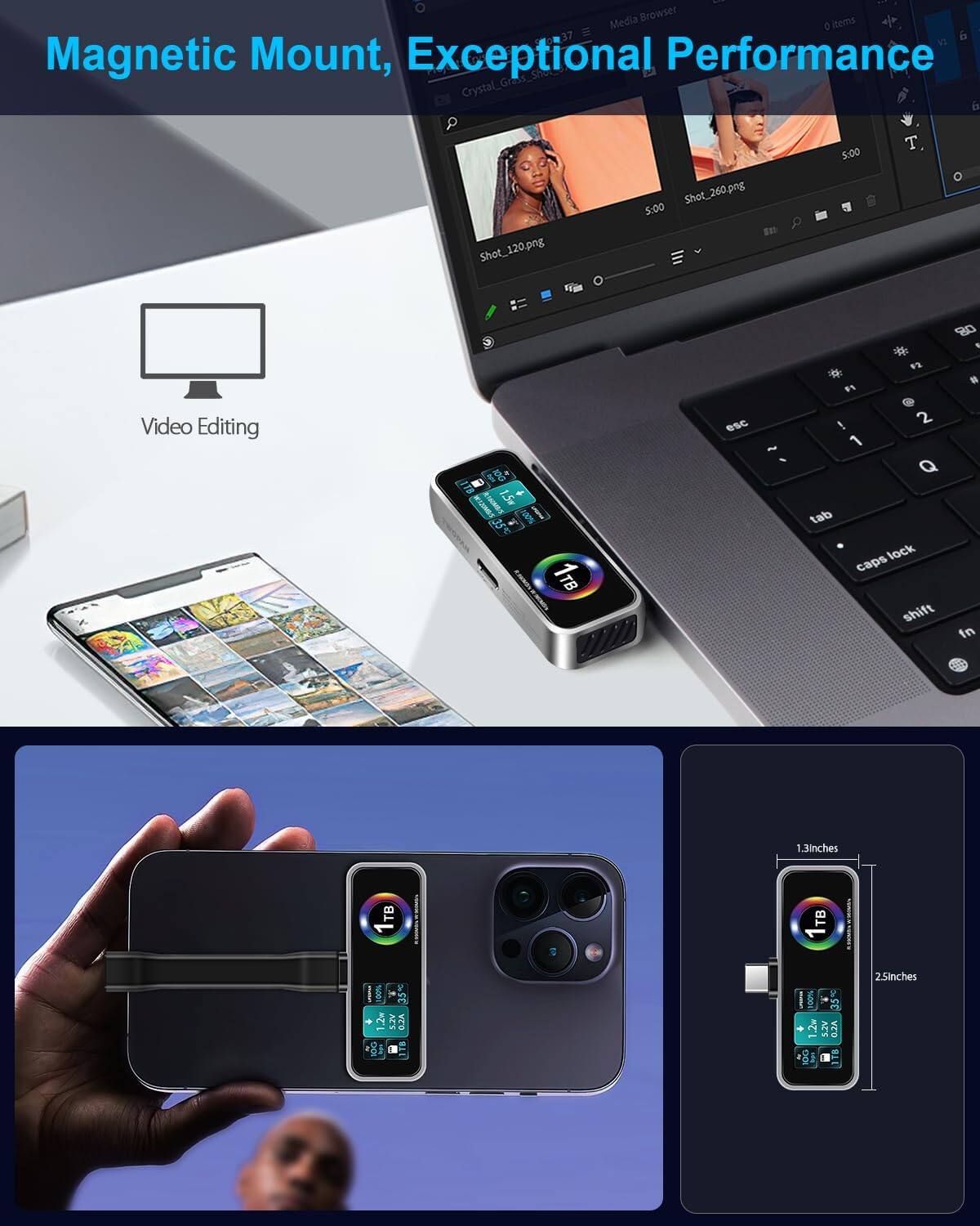 The text on the image is grouped and corrected as follows:

1. Magnetic Mount, Exceptional Performance
2. Crystal_Grass_Shot_120.png
3. Kg Shot_260.png
4. 5:00 in 5:00
5. Video Editing
6. 1.5%
7. 1TB esc 80 . 12 . F1 ! 2 1 Q tab lock caps shift In 1.3inches TB 25inches 2m AC's 02A