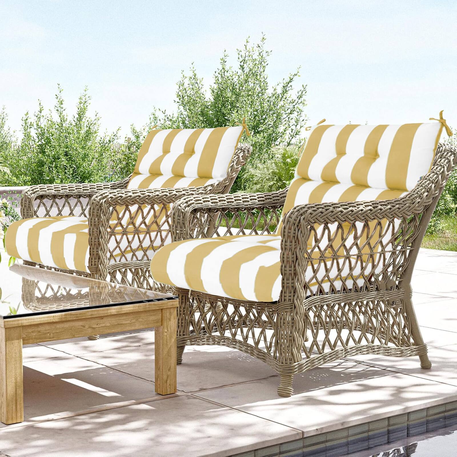 Alt View 5. Chateau Abodes - 2-Pack Outdoor High Back Chair Cushions, 44"x22"x4" Fade-Resistant Waterproof Tufted Pads with Ties - Yellow White.