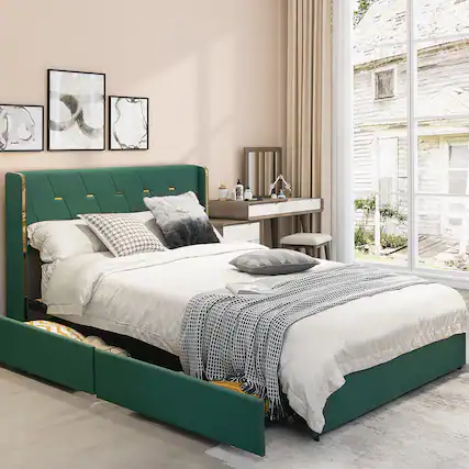 Alt View 3. Costway - Costway Full Upholstered Bed Frame with 4 Storage Drawers Headboard - Green.