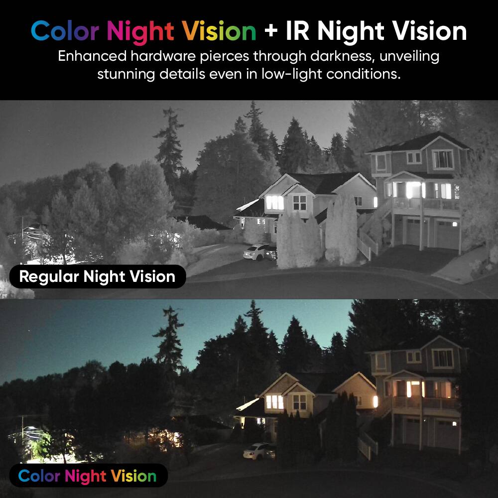 Color Night Vision + IR Night Vision  
Enhanced hardware pierces through darkness, unveiling stunning details even in low-light conditions.

Regular Night Vision

Color Night Vision