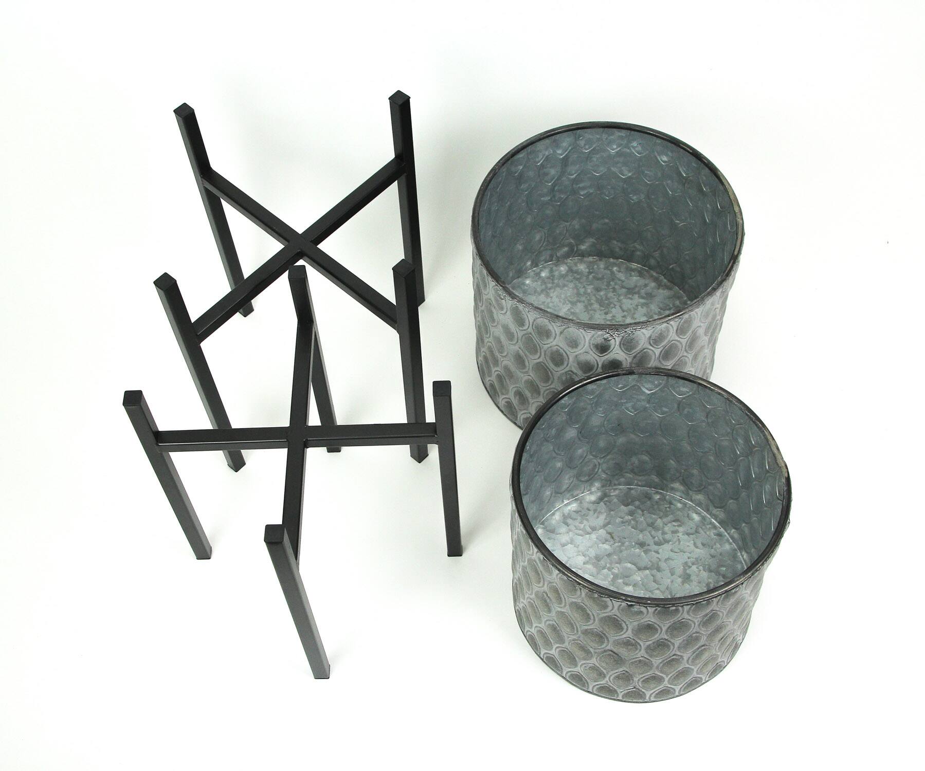 Alt View 2. Napco - Set of 2 Galvanized Zinc Finish Leaf Pattern Stamped Metal Planters With Wooden Stands - Grey.