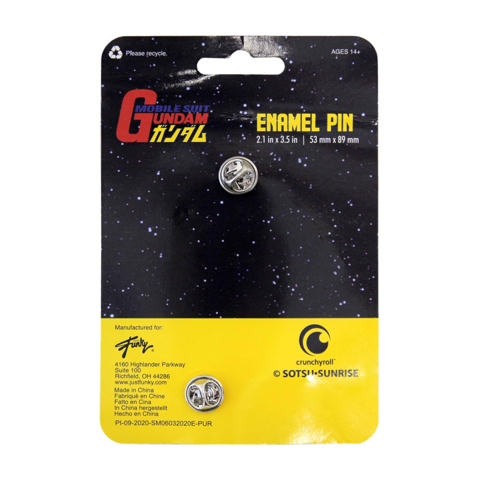 Please recycle.  
AGES 14+  
MOBILE SUIT GUNDAM  
ENAMEL PIN  
2.1 in x 3.5 in | 53 mm x 89 mm  

Manufactured for:  
Fury  
4160 Highlander Parkway Suite 100  
Richfield, OH 44286  
www.justfunky.com  

Made in China  
Fabriqué en Chine  
Fatto in Cina  
In China hergestellt  
Hecho en China  

PI-09-2020-SM06032020E-PUR  

crunchyroll  
© SOTSU.SUNRISE