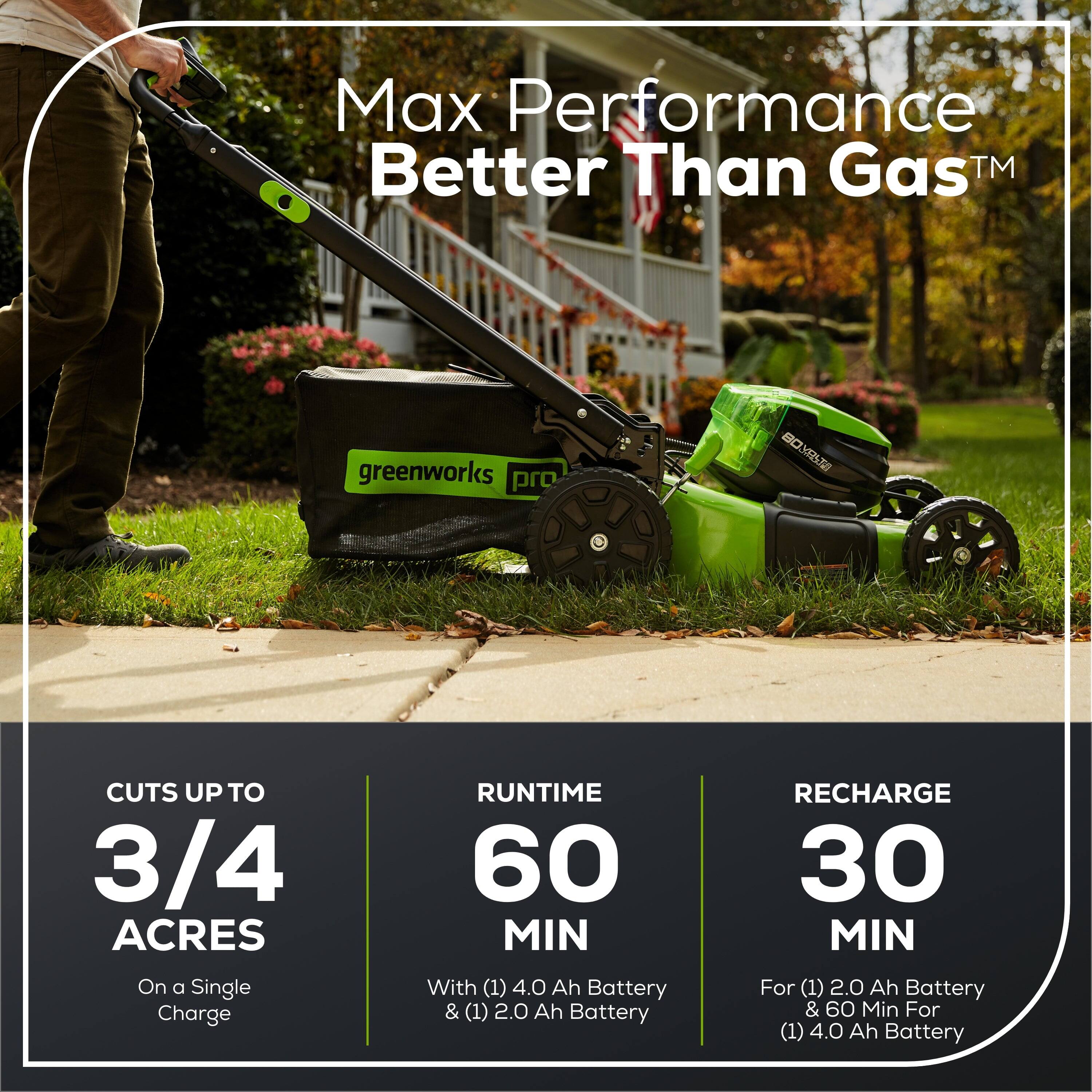 Max Performance Better Than Gas™

Cuts up to 3/4 acres on a single charge

Runtime 60 min with (1) 4.0 Ah battery & (1) 2.0 Ah battery

Recharge 30 min for (1) 2.0 Ah battery & 60 min for (1) 4.0 Ah battery