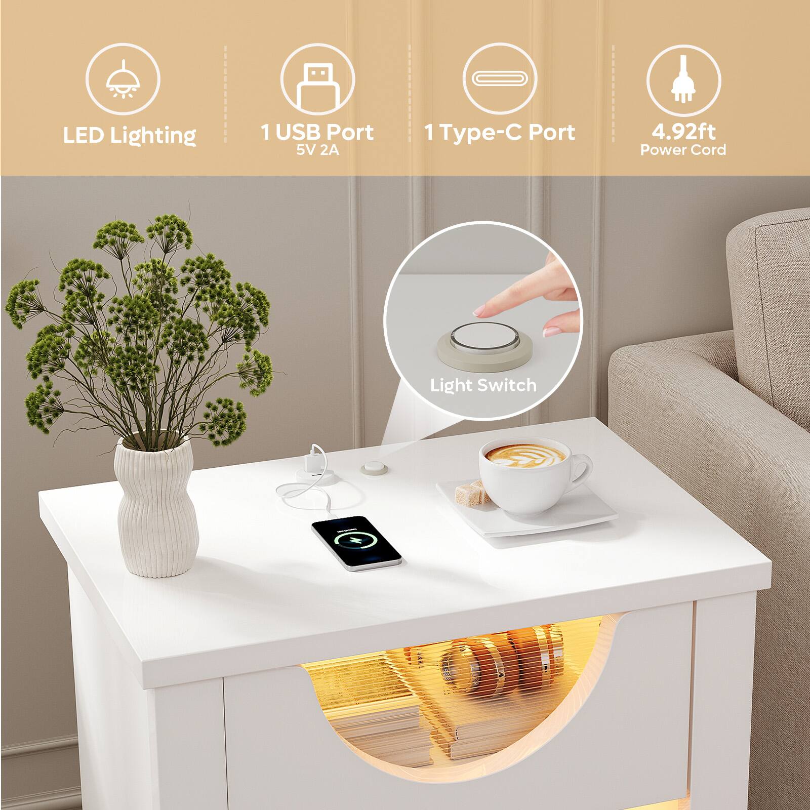 LED Lighting  
1 USB Port 5V 2A  
1 Type-C Port  
4.92ft Power Cord  
Light Switch