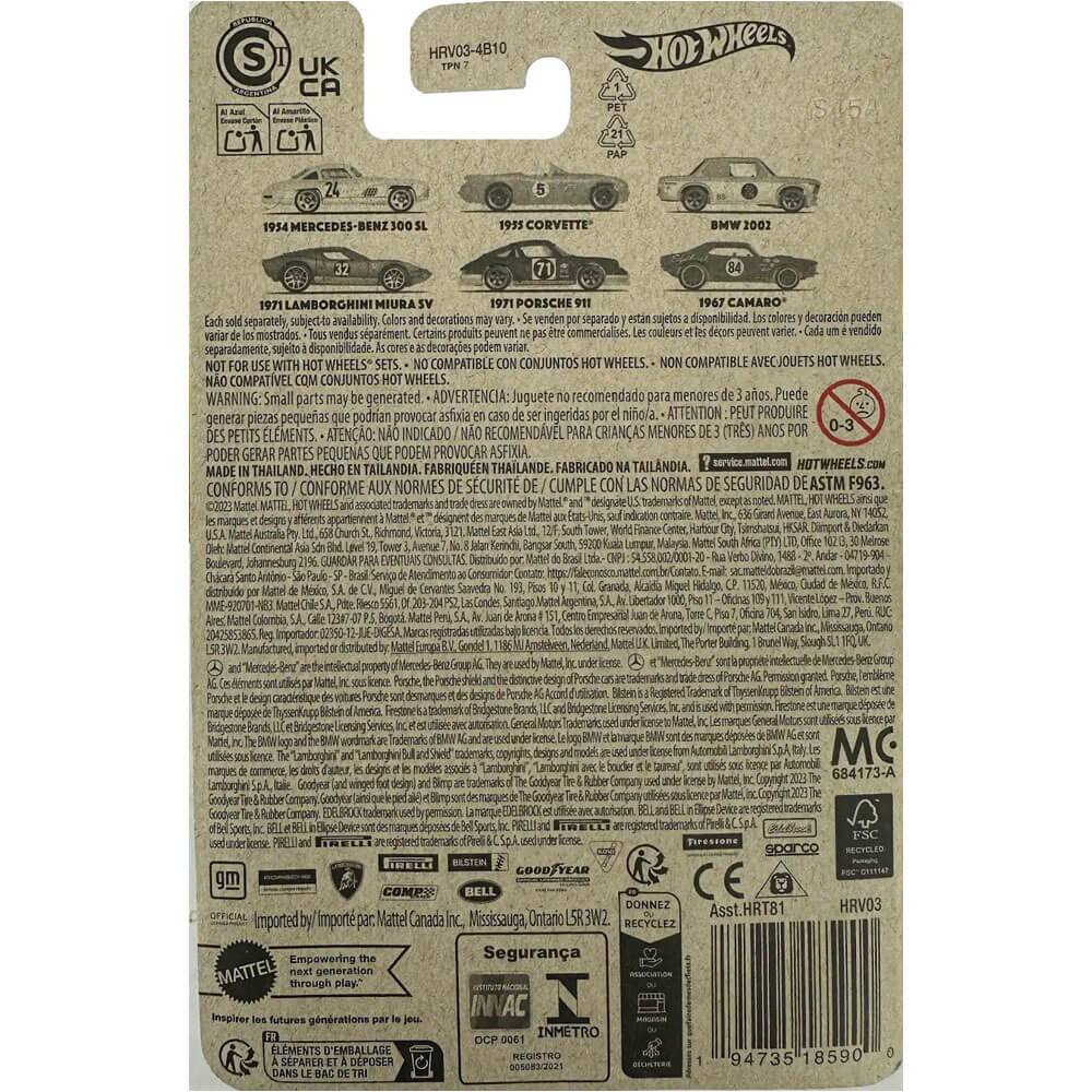 Sure, here is the corrected and grouped text from the image:

---

**Top Section:**
- **Hot Wheels**
- **HRV03-4B10**
- **1971 LAMBORGHINI MIURA SV**
- **1974 MERCEDES-BENZ 300 SL**
- **1971 PORSCHE 911**
- **1967 CAMARO**
- **1965 BMW 2002**

**Warning:**
- **WARNING: Small parts may be generated. ADVERTENCIA: Puede generar piezas pequeñas. ATTENTION: PEUT PRODUIRE des petits éléments. ATENÇÃO: PODE GERAR PARTES PEQUENAS.**
- **Not for children under 3 years. NO RECOMMENDED FOR CHILDREN UNDER 3 YEARS.**
- **FABRICADO EN TAILANDIA. MADE IN THAILAND.**

**Compatibility:**
- **NOT COMPATIBLE WITH HOT WHEELS® CAR SETS.**
- **NON COMPATIBLE AVEC JOUETS HOT WHEELS.**
- **NO COMPATIBLE CON CONJUNTOS HOT WHEEL