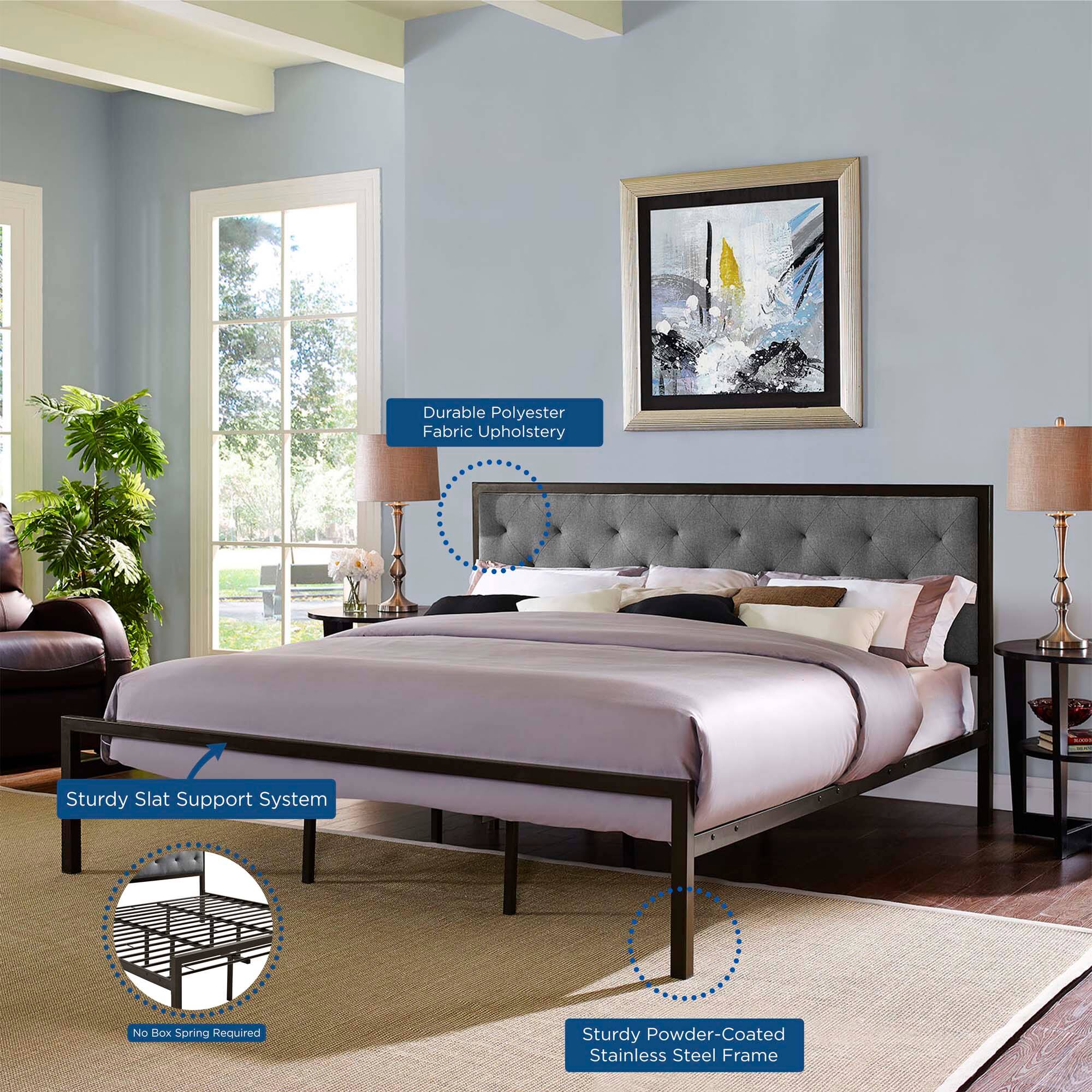 - Durable Polyester Fabric Upholstery
- Sturdy Slat Support System
- No Box Spring Required
- Sturdy Powder-Coated Stainless Steel Frame