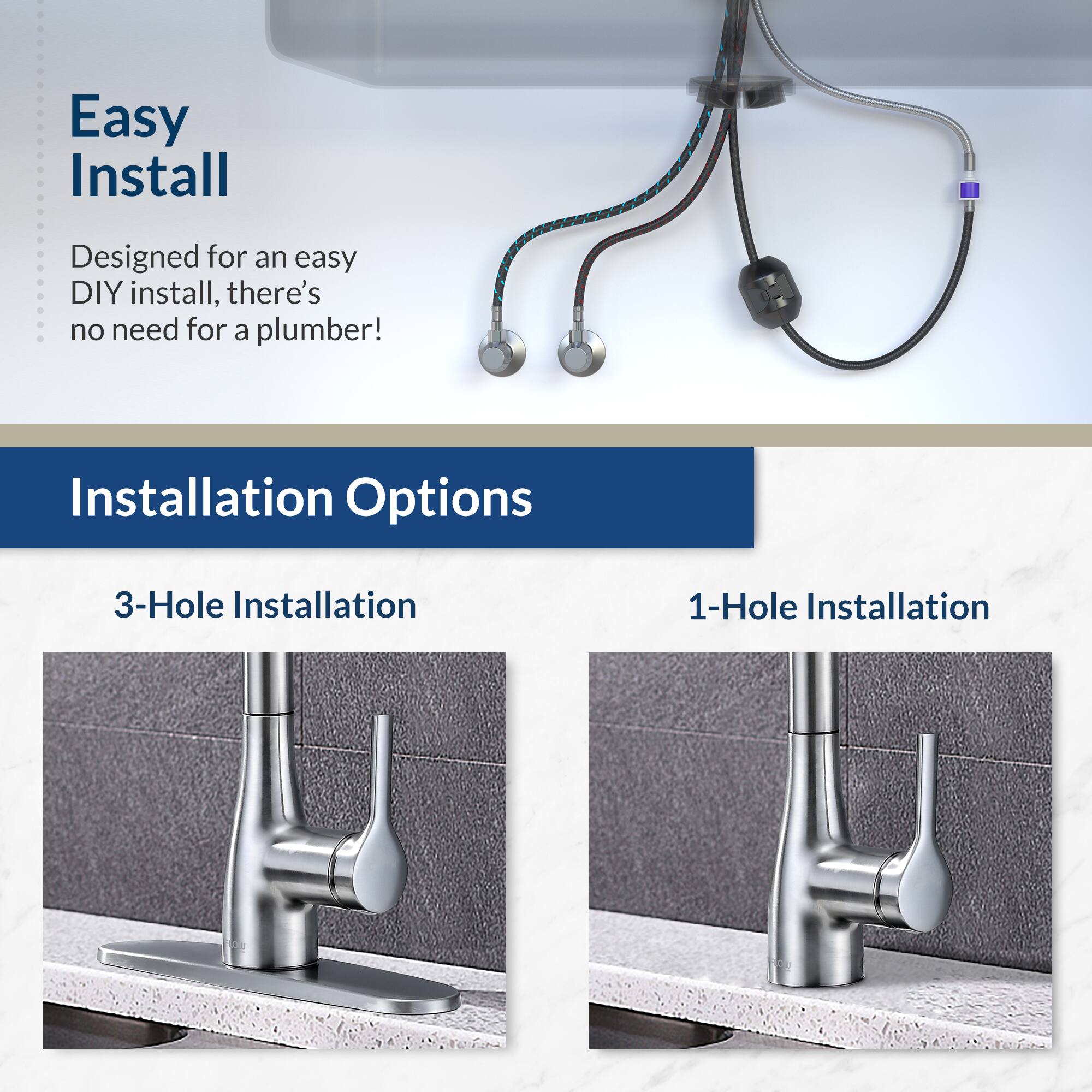Easy Install

Designed for an easy DIY install, there's no need for a plumber!

Installation Options

3-Hole Installation

1-Hole Installation
