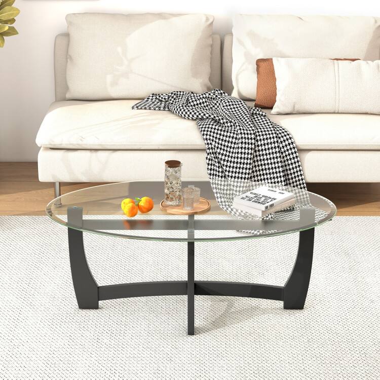 Left. SlickBlue - Oval Coffee Table with Tempered Glass Top and Solid Rubber Wood Legs - Black.