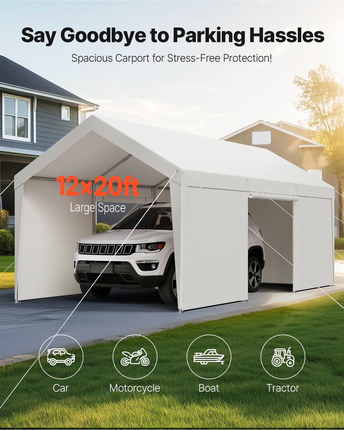 Say Goodbye to Parking Hassles, Spacious Carport for Stress-Free Protection! 12x20ft Large Space. Car, Motorcycle, Boat, Tractor.