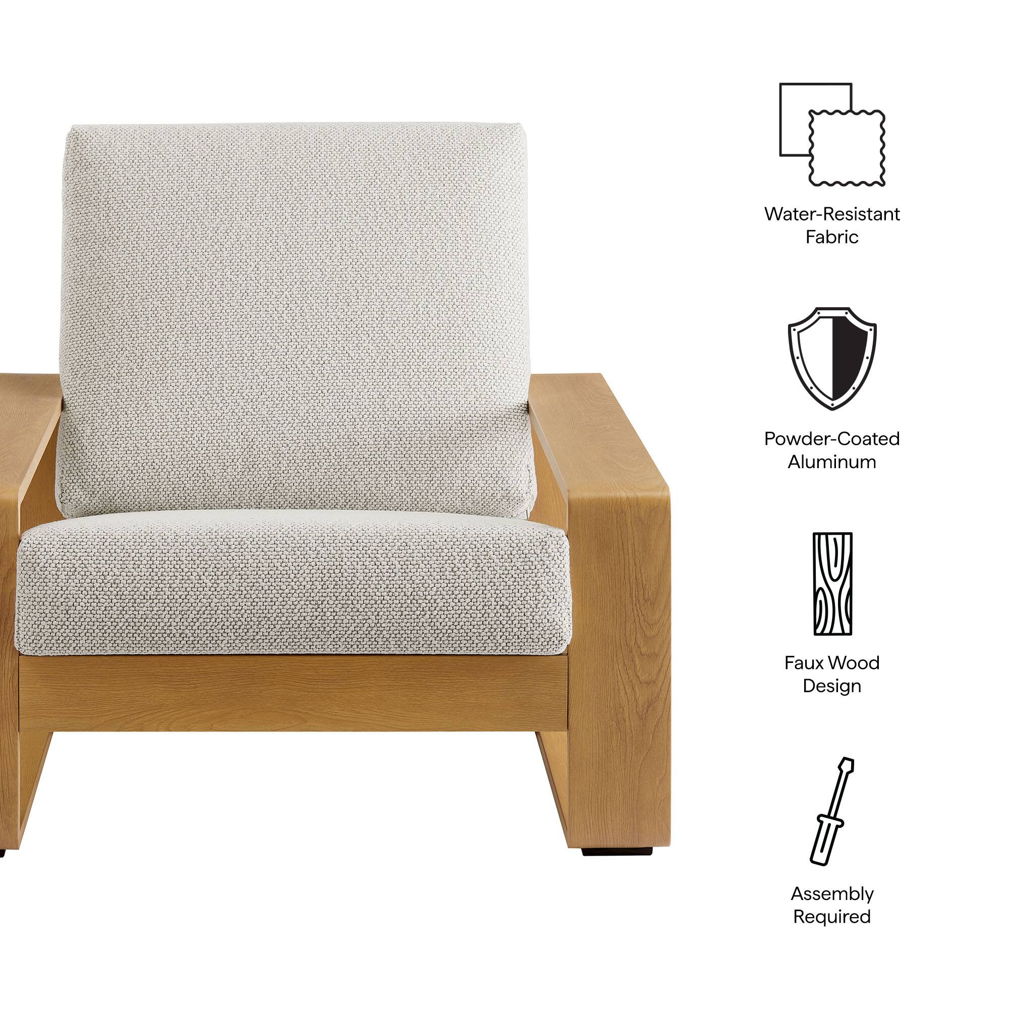 - Water-Resistant Fabric
- Powder-Coated Aluminum
- Faux Wood Design
- Assembly Required