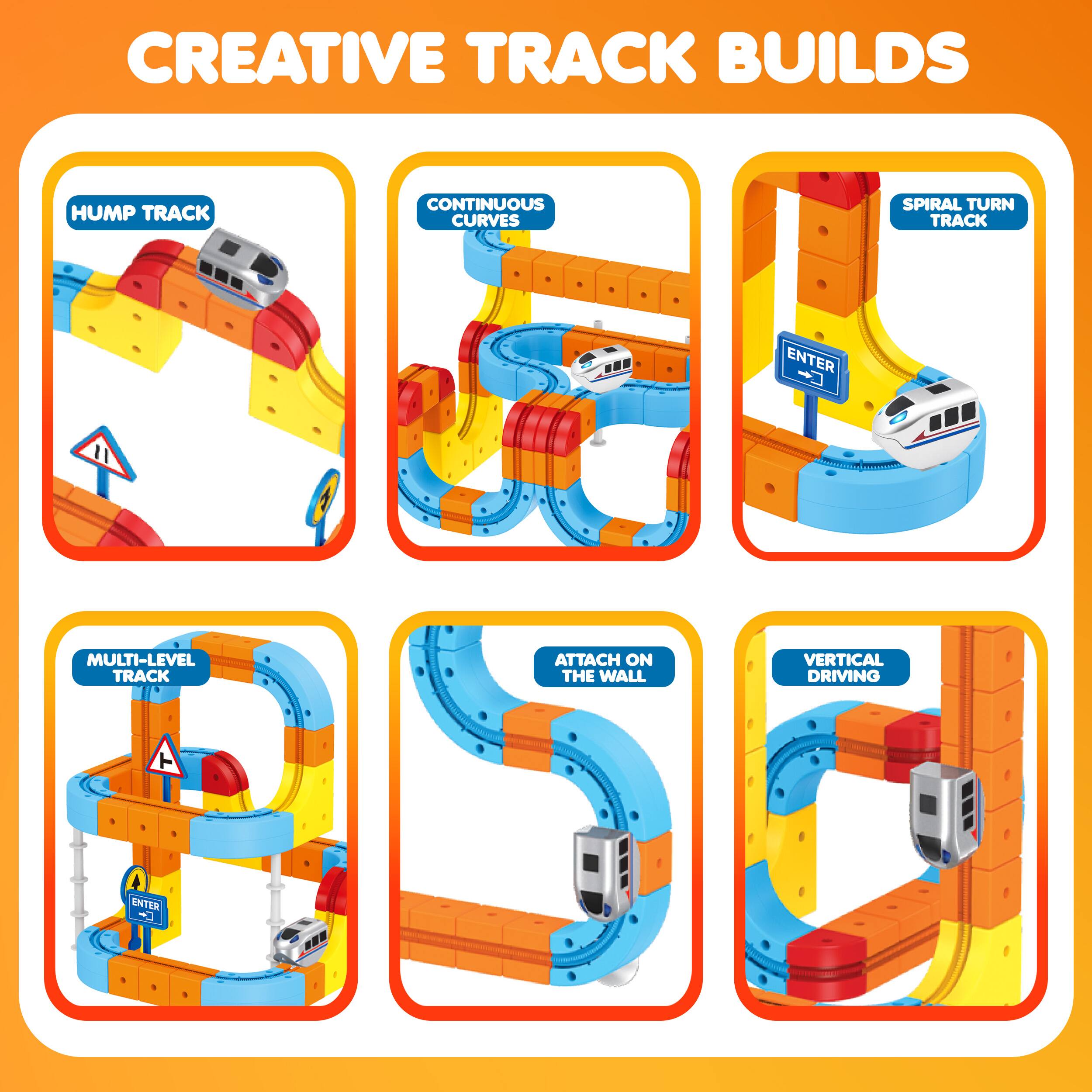 CREATIVE TRACK BUILDS

- HUMP TRACK
- CONTINUOUS CURVES
- SPIRAL TURN TRACK
- MULTI-LEVEL TRACK
- ATTACH ON THE WALL
- VERTICAL DRIVING